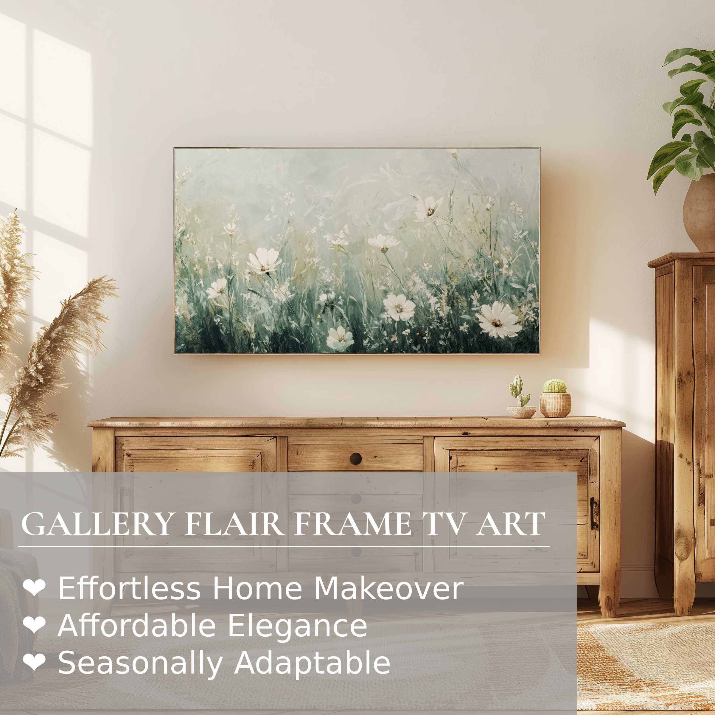Samsung Frame TV displays serene boho digital artwork in a sunlit, rustic wood setting for refined home decor