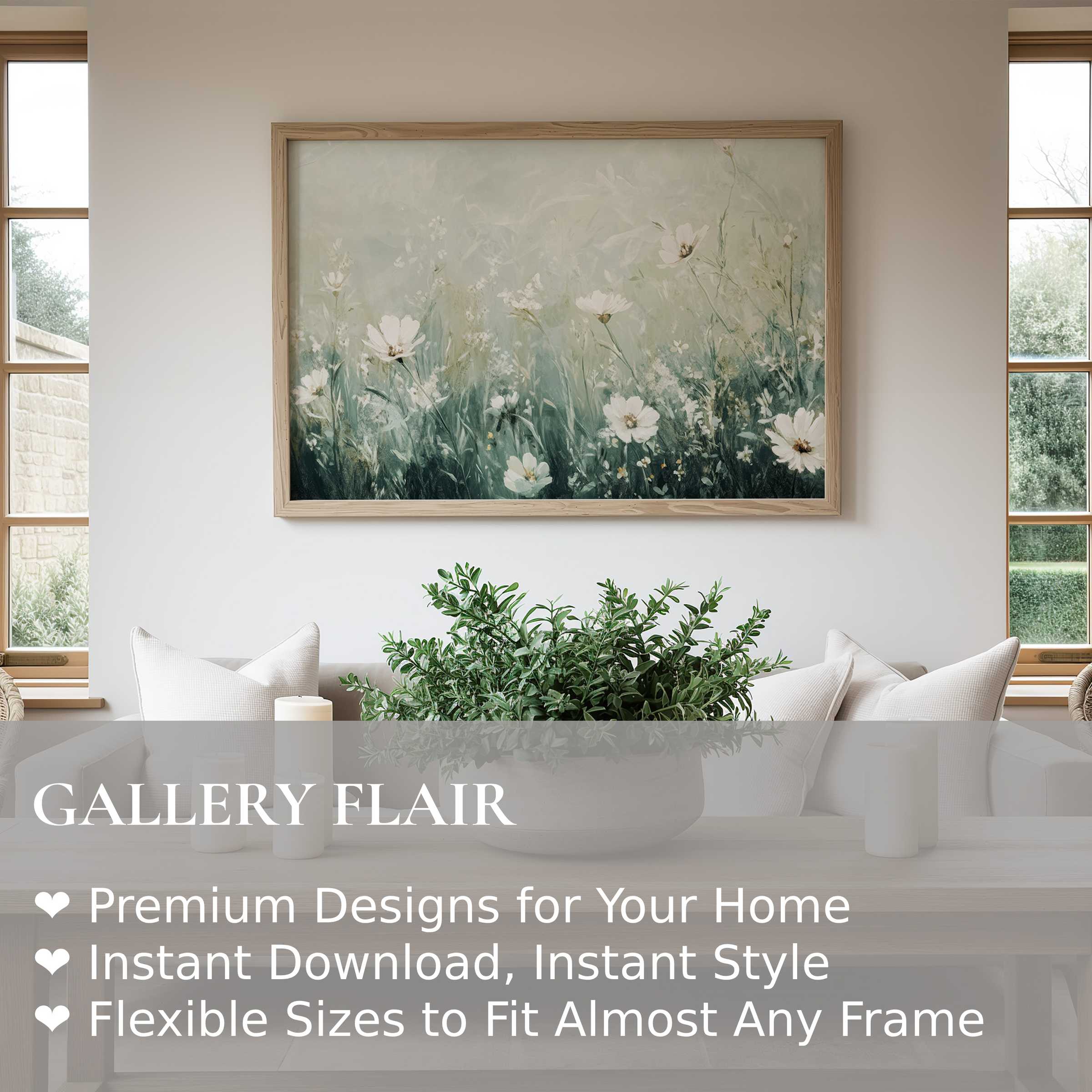 Boho wall art print of delicate white florals in muted greens, radiating serene, natural elegance to enrich modern minimal interiors