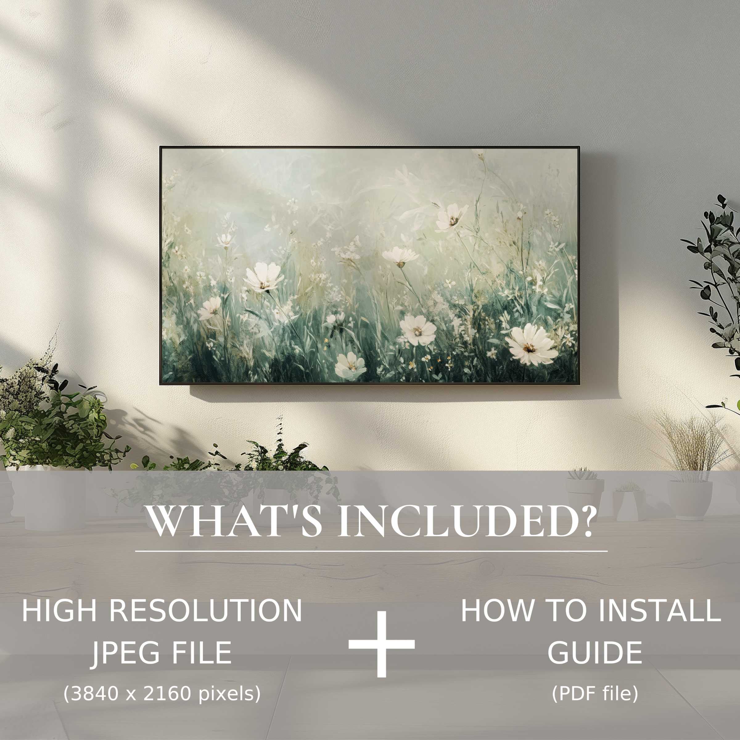 Elegant boho digital TV art download of floral scene, enhancing stylish living spaces with easy digital use