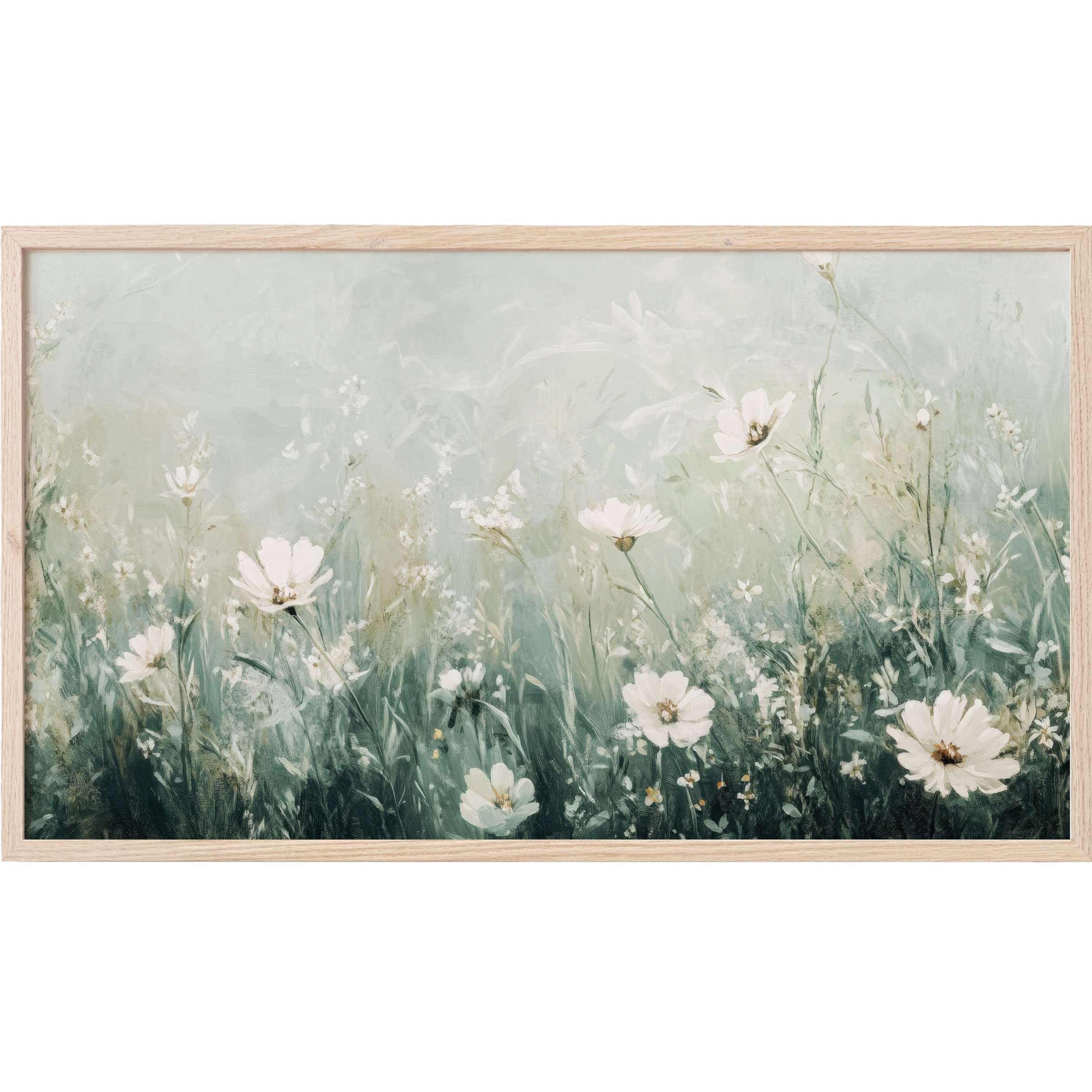 Soft white blooms in misty greens and blues create a serene boho Frame TV Art with delicate, modern brushstrokes