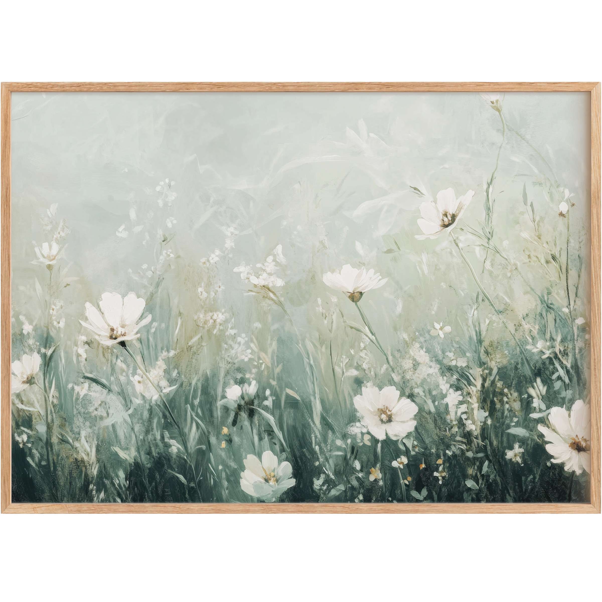 Ethereal boho printable wall art with soft whites and muted greens, evoking tranquil, nature-inspired serenity for elegant spaces