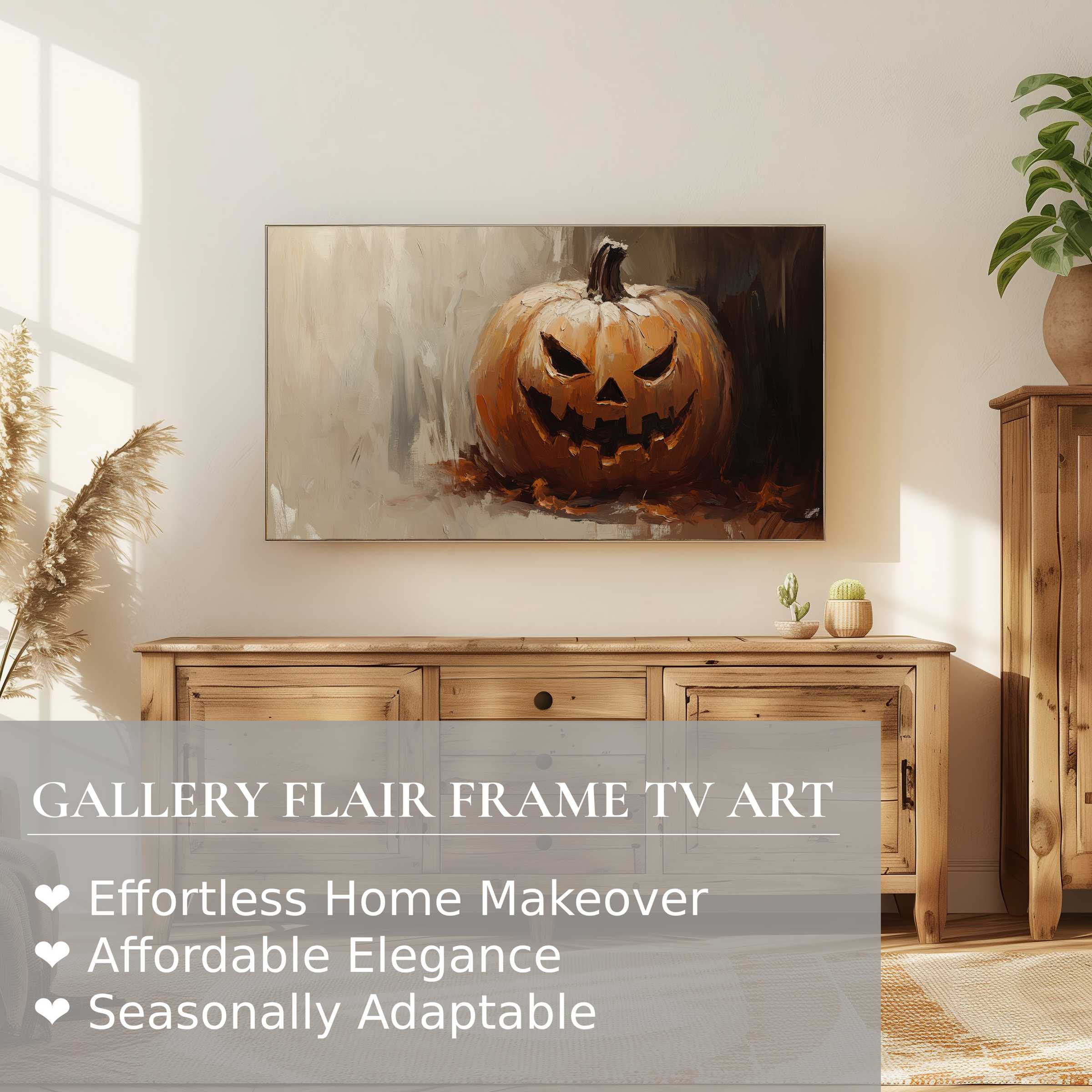 Modern Halloween digital artwork of a carved pumpkin on Samsung Frame TV in stylish, warm, elegant living space