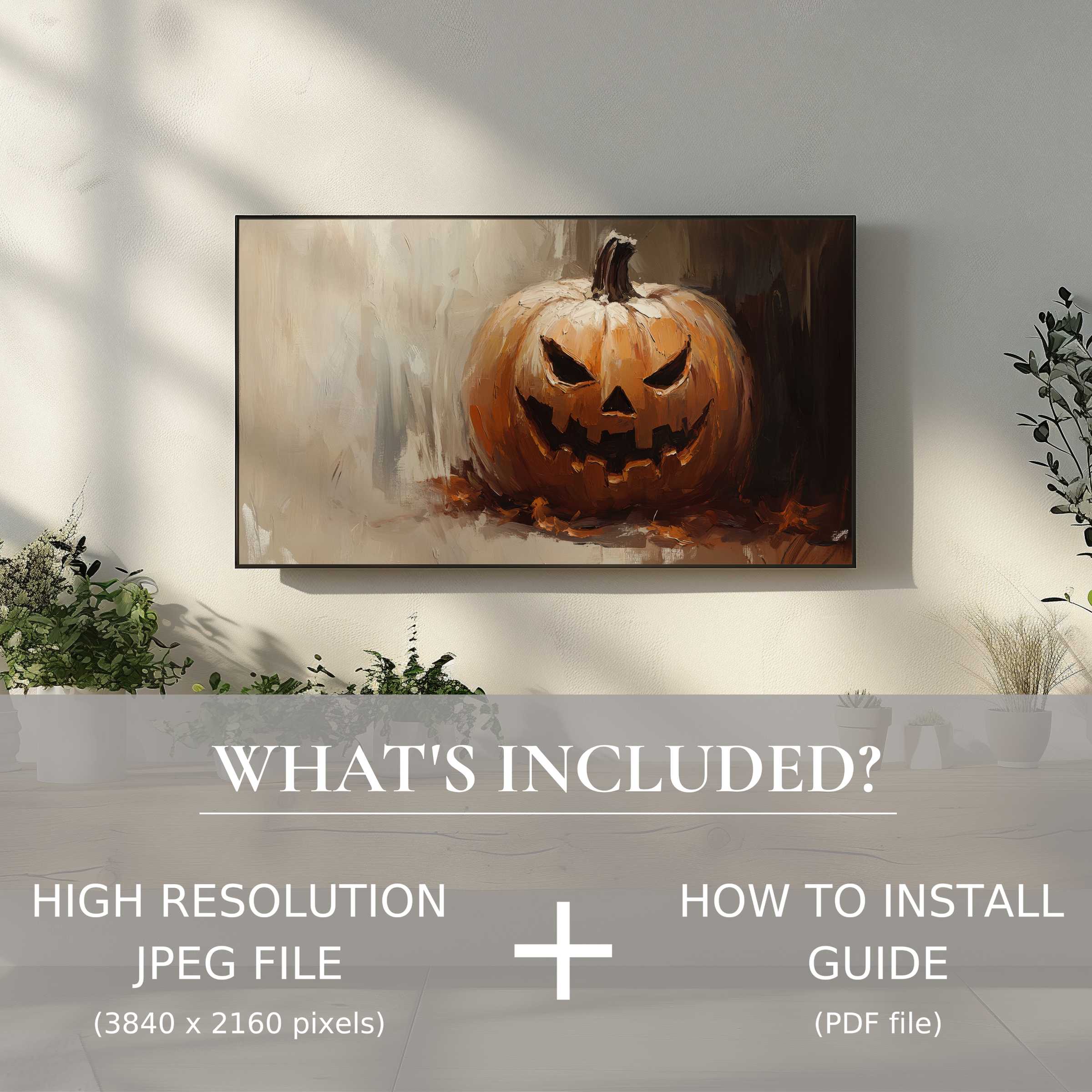 Elegant living room with halloween digital TV art download, easy to use, enhancing stylish seasonal decor