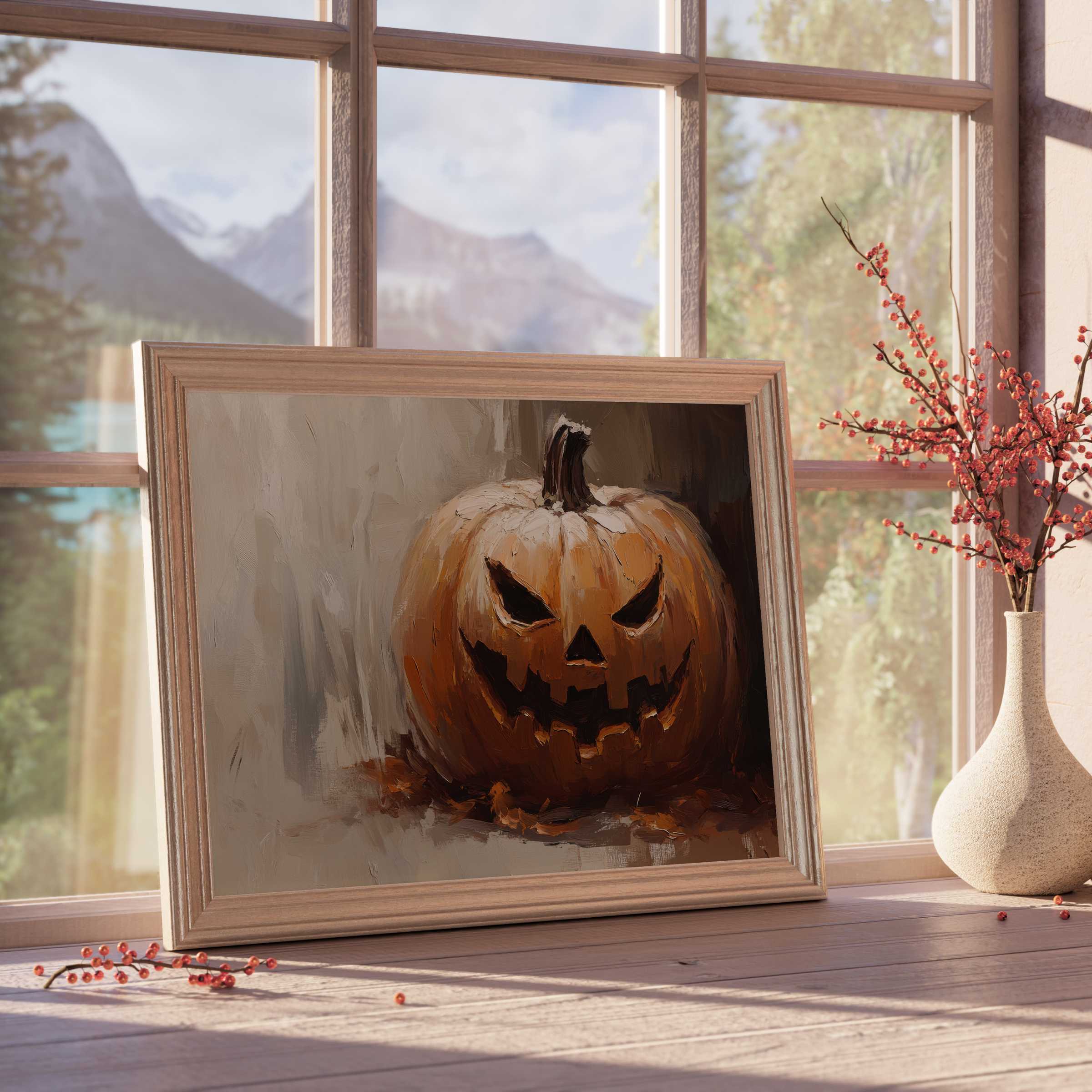 Halloween downloadable art featuring a moody, textured jack-o'-lantern painting framed by natural light Perfect for curated, tranquil, autumnal interiors