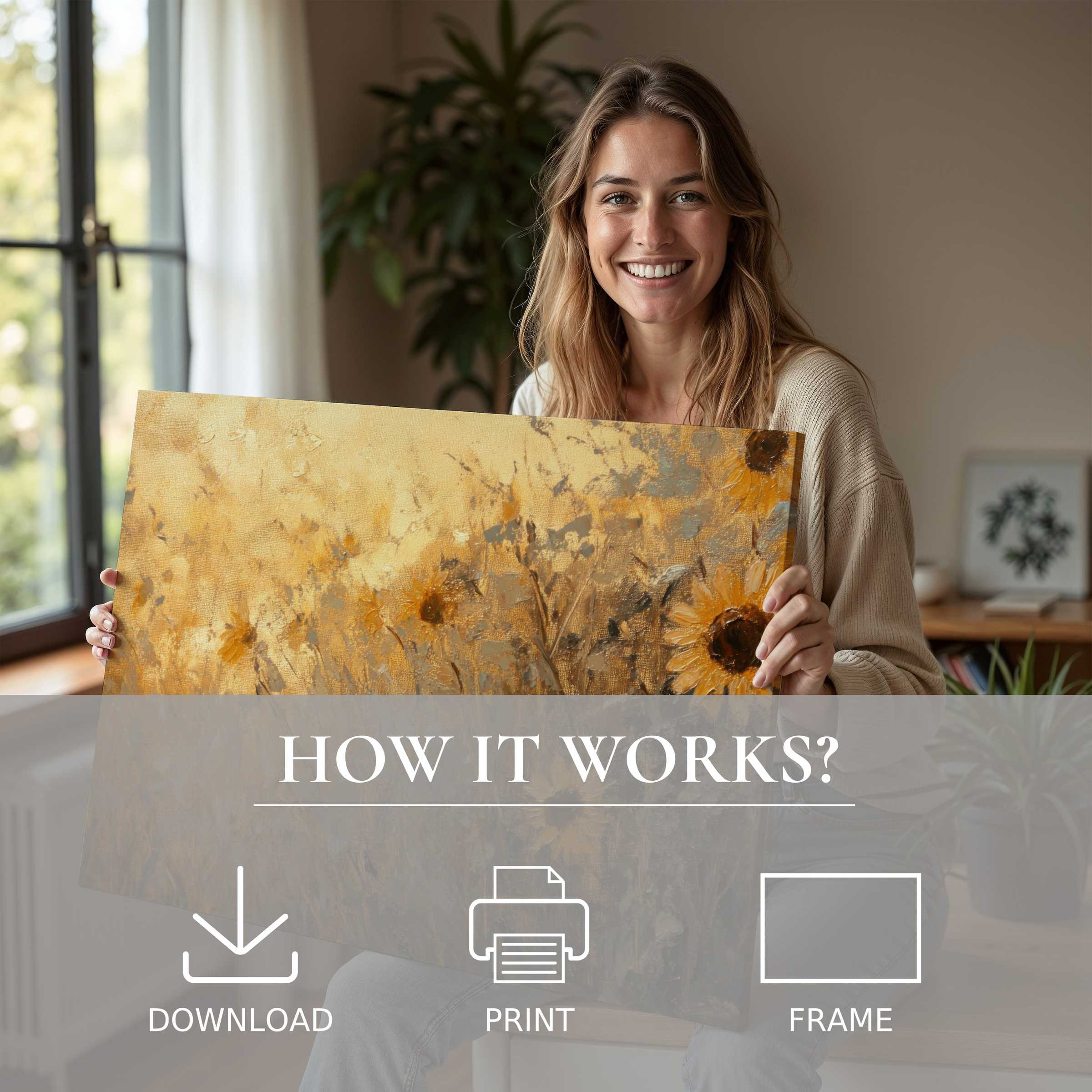 Contemporary fall digital art print radiates warmth and joy as it's embraced in a sunlit, elegant modern home