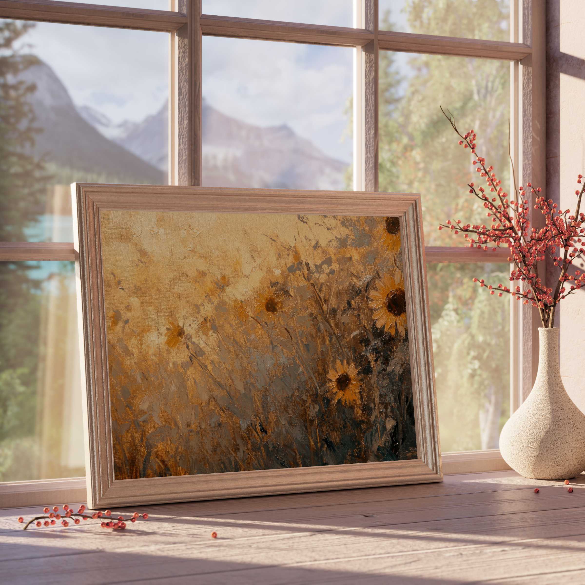 Fall downloadable art capturing warm sunflowers basking in golden light, perfect for curated, tranquil, and design-forward interiors