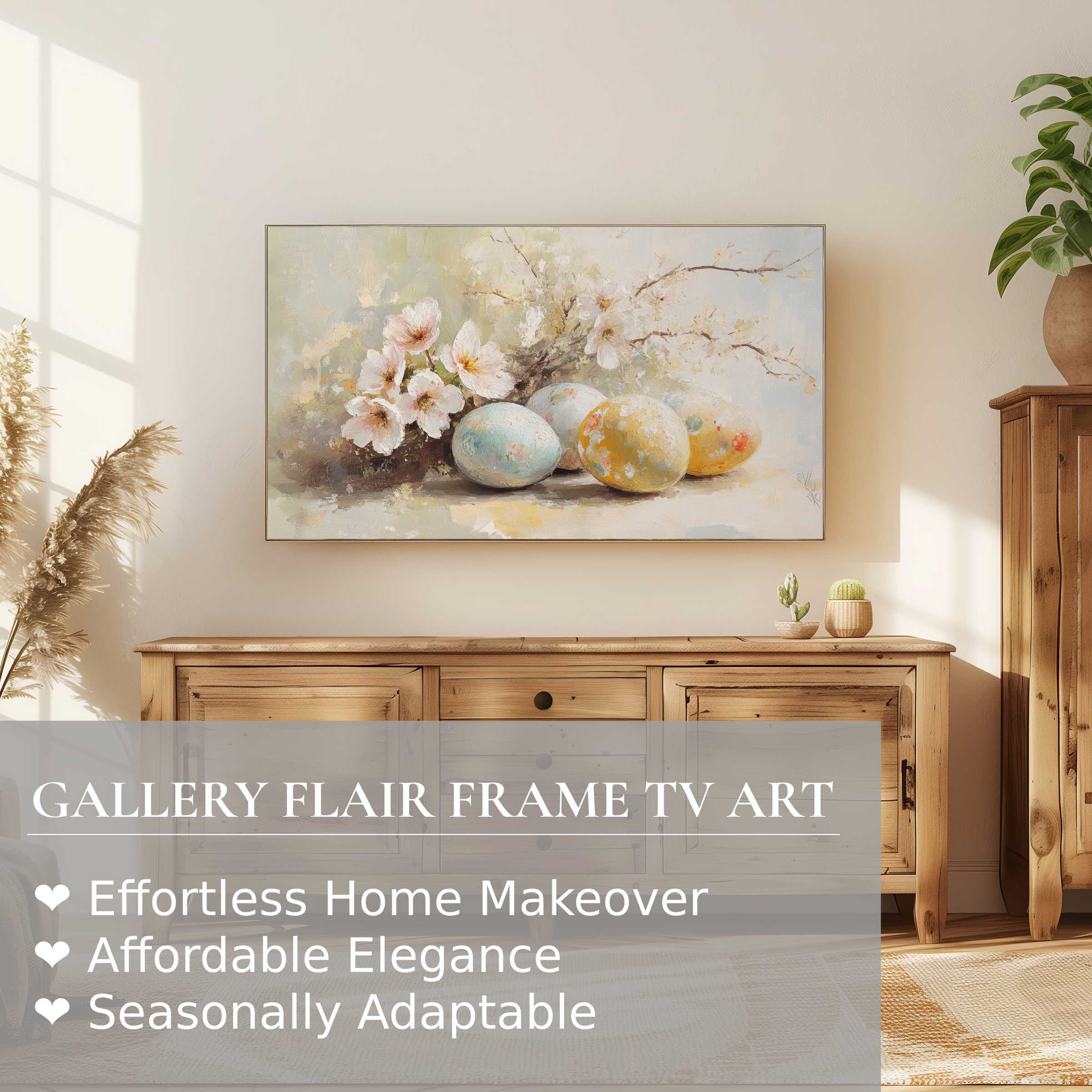 Samsung Frame TV displays elegant, soft pastel easter digital artwork in a warm, modern natural wood setting