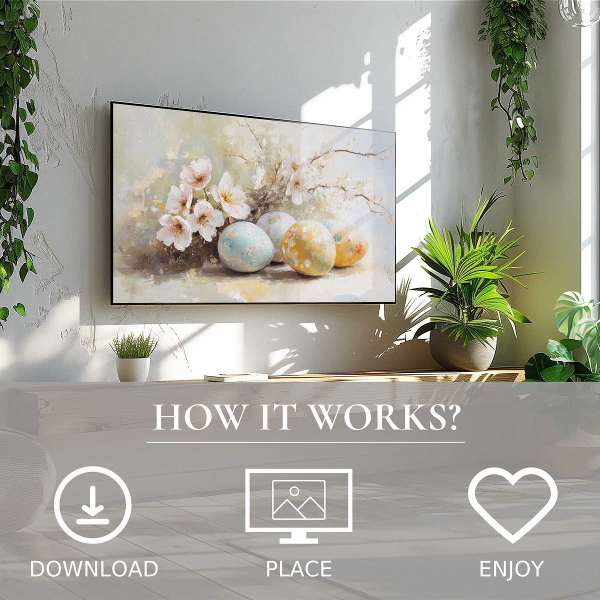 Modern living room with easter art for Samsung TV showing soft pastel eggs and blossoms, easy digital download enhances decor