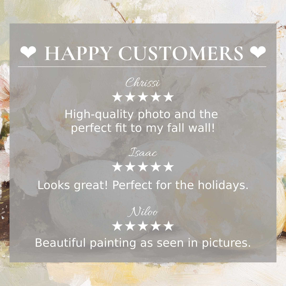 Elegant easter art for Frame TV with abstract floral background, showcasing happy customer reviews and refined trust