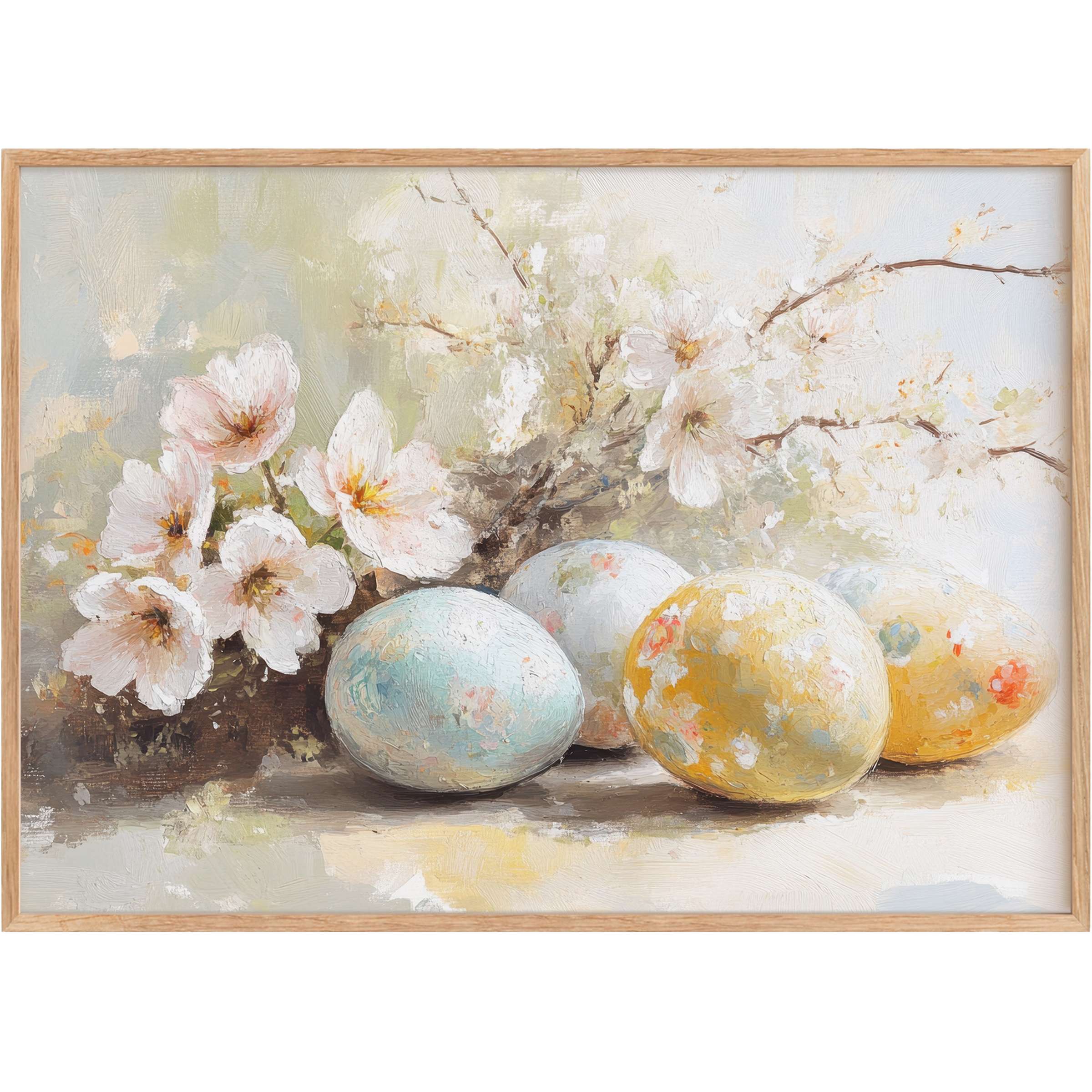Soft pastel blooms and delicately patterned eggs evoke a serene, radiant atmosphere in this elegant easter printable wall art