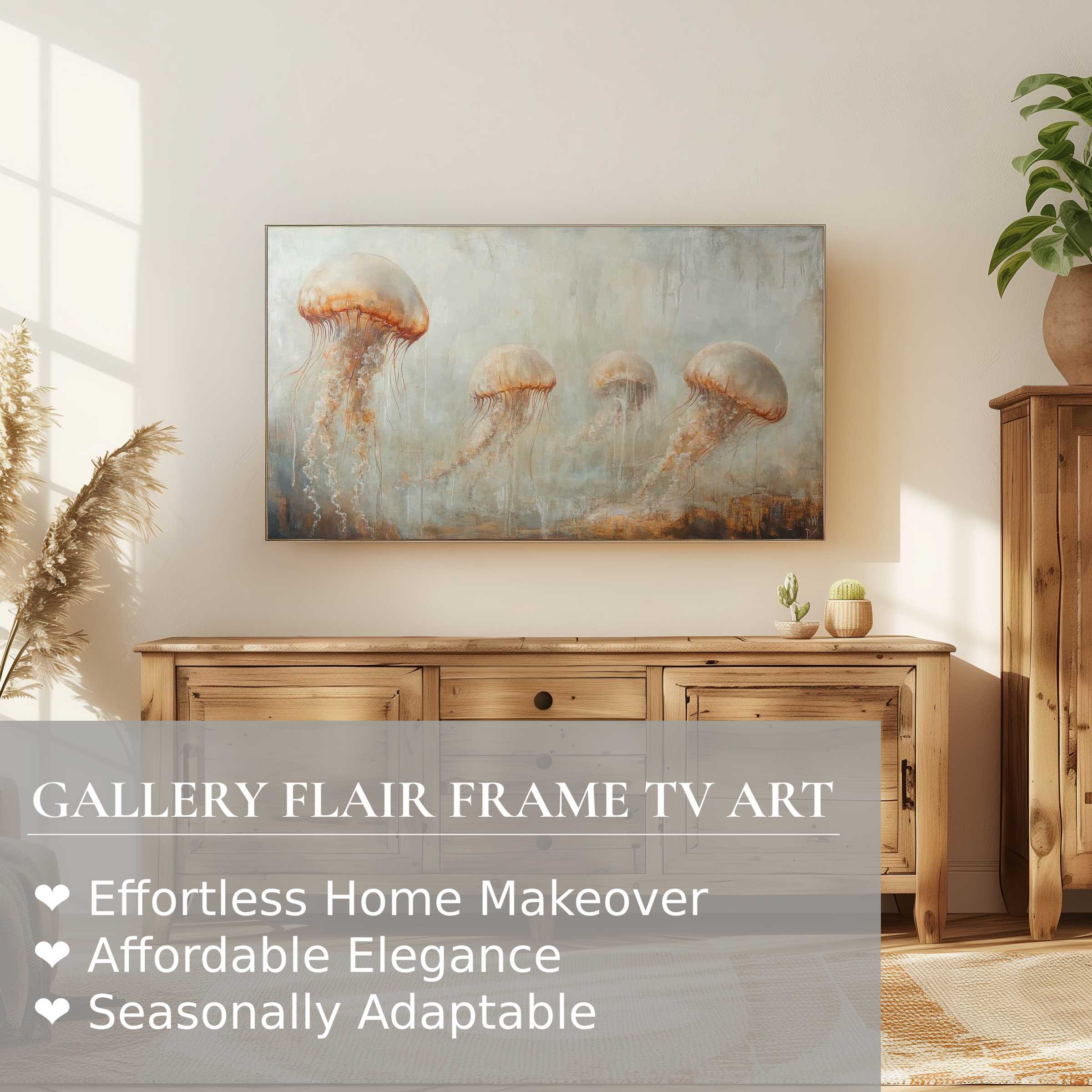 Modern Samsung Frame TV displaying serene beach digital artwork of jellyfish, enhancing elegant, natural home decor
