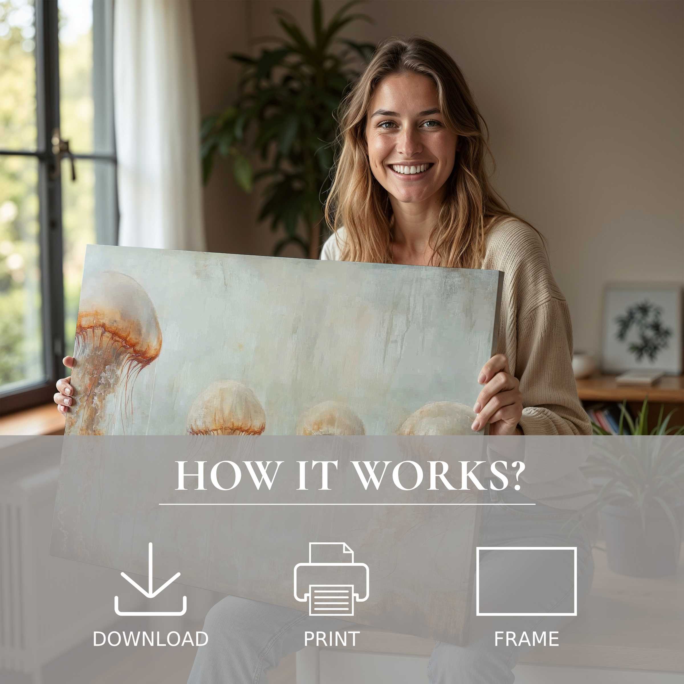 Bright, serene moment as a joyful woman reveals a beach digital art print, blending coastal calm with effortless, stylish home elegance