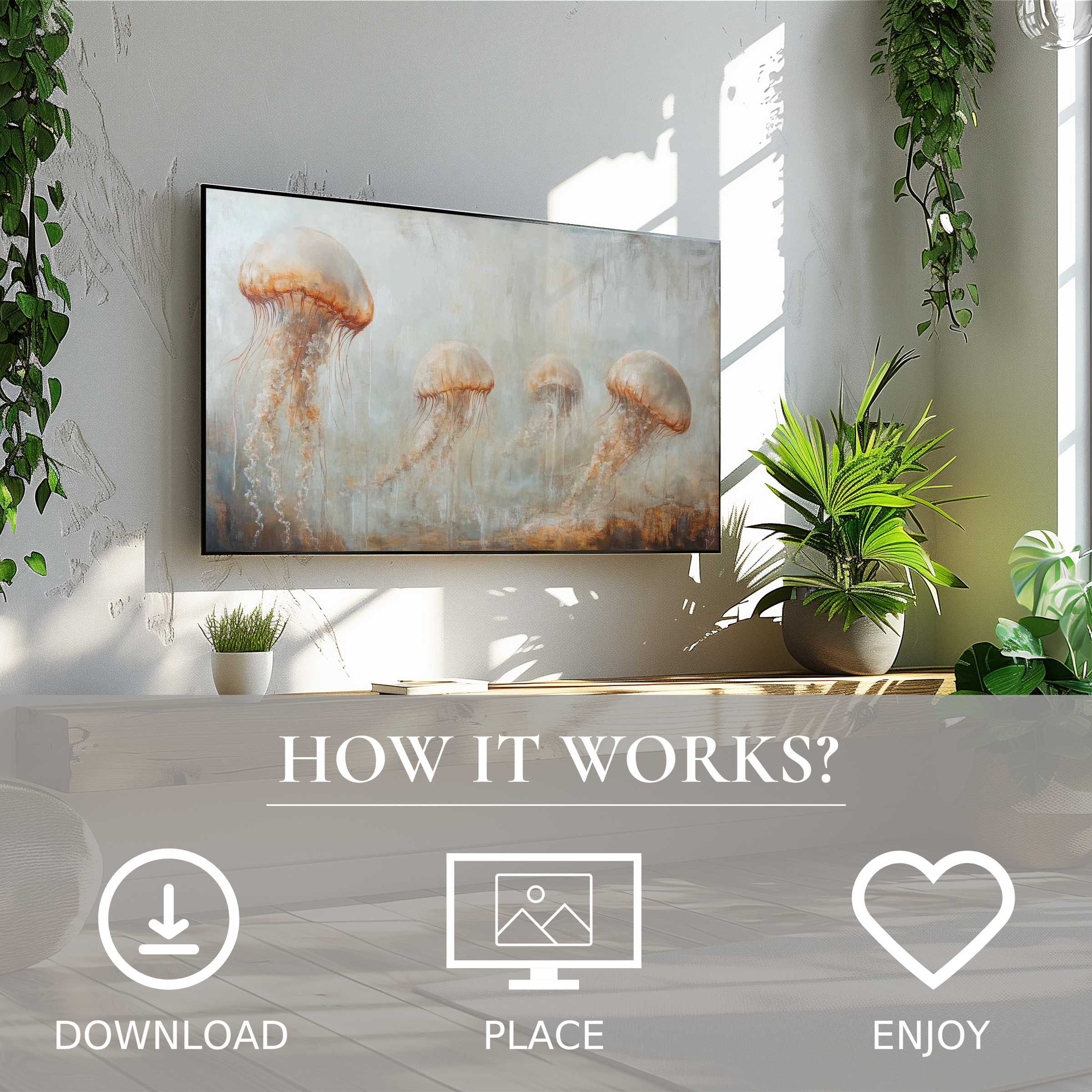 Modern living room with beach art for Samsung TV showing soft sunset jellyfish; easy digital download enriches space