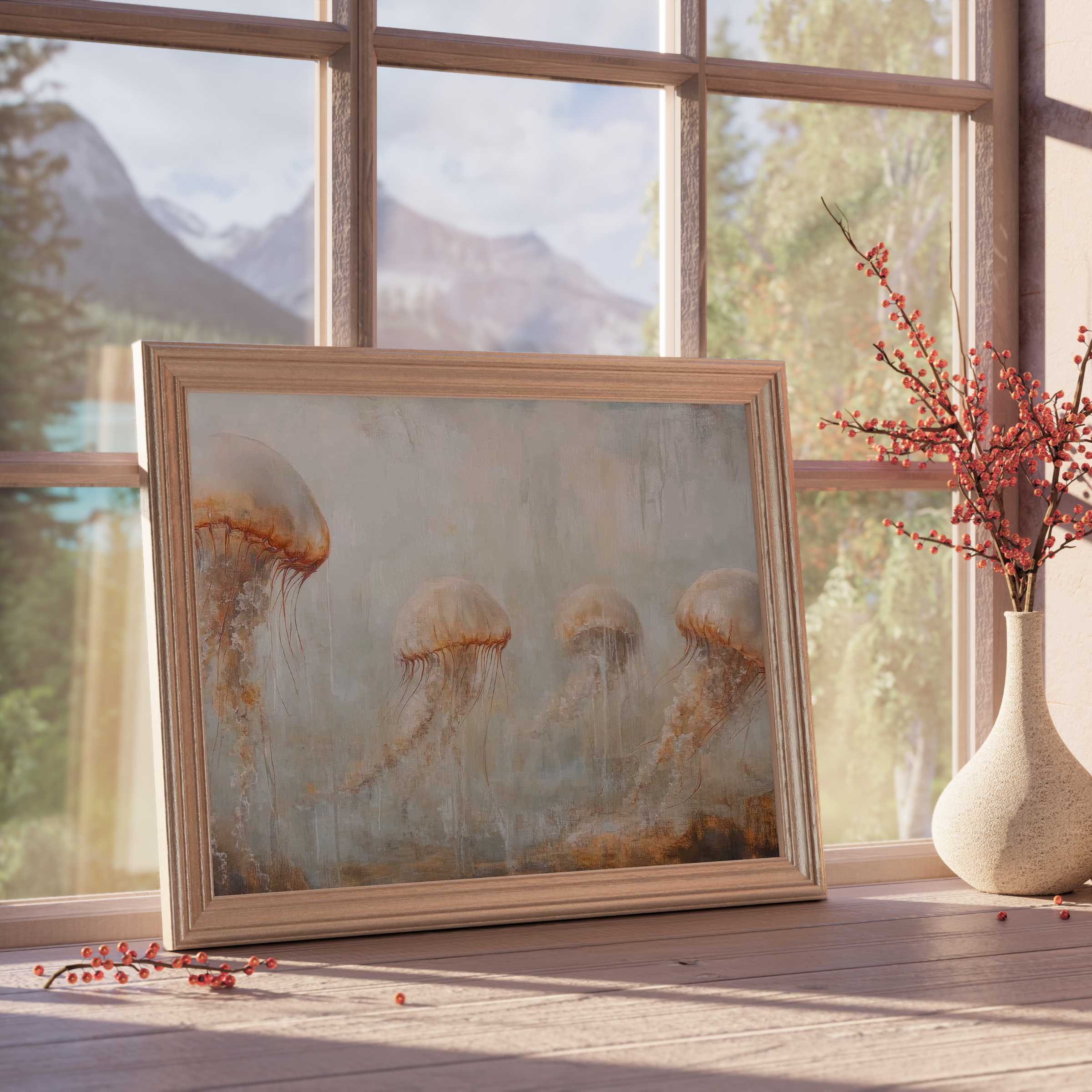 Beach downloadable art featuring ethereal jellyfish in muted earth tones, enriching serene, curated interiors with tranquil coastal allure