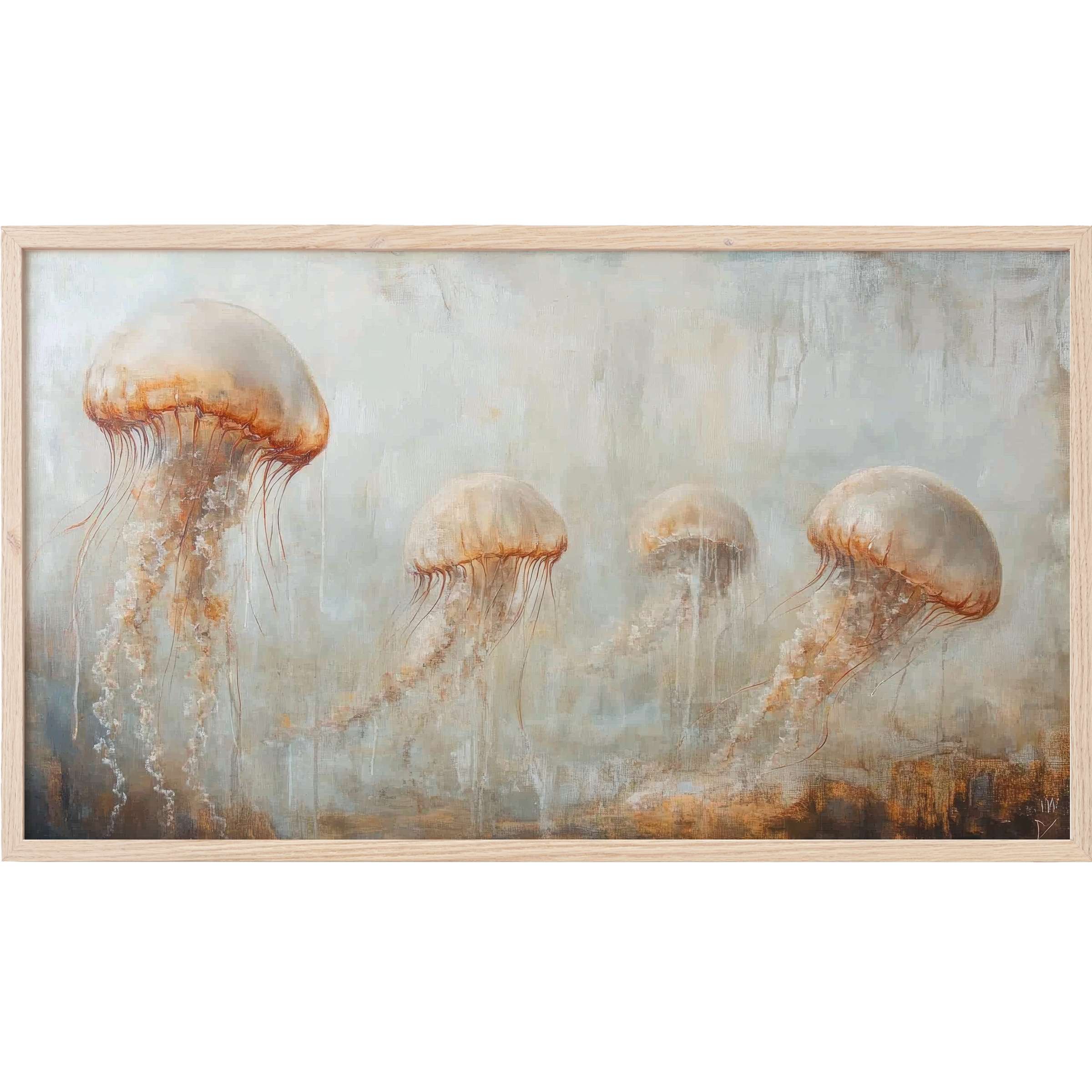 Serene jellyfish in soft beige and rust tones with ethereal textures, perfect beach Frame TV Art for modern interiors