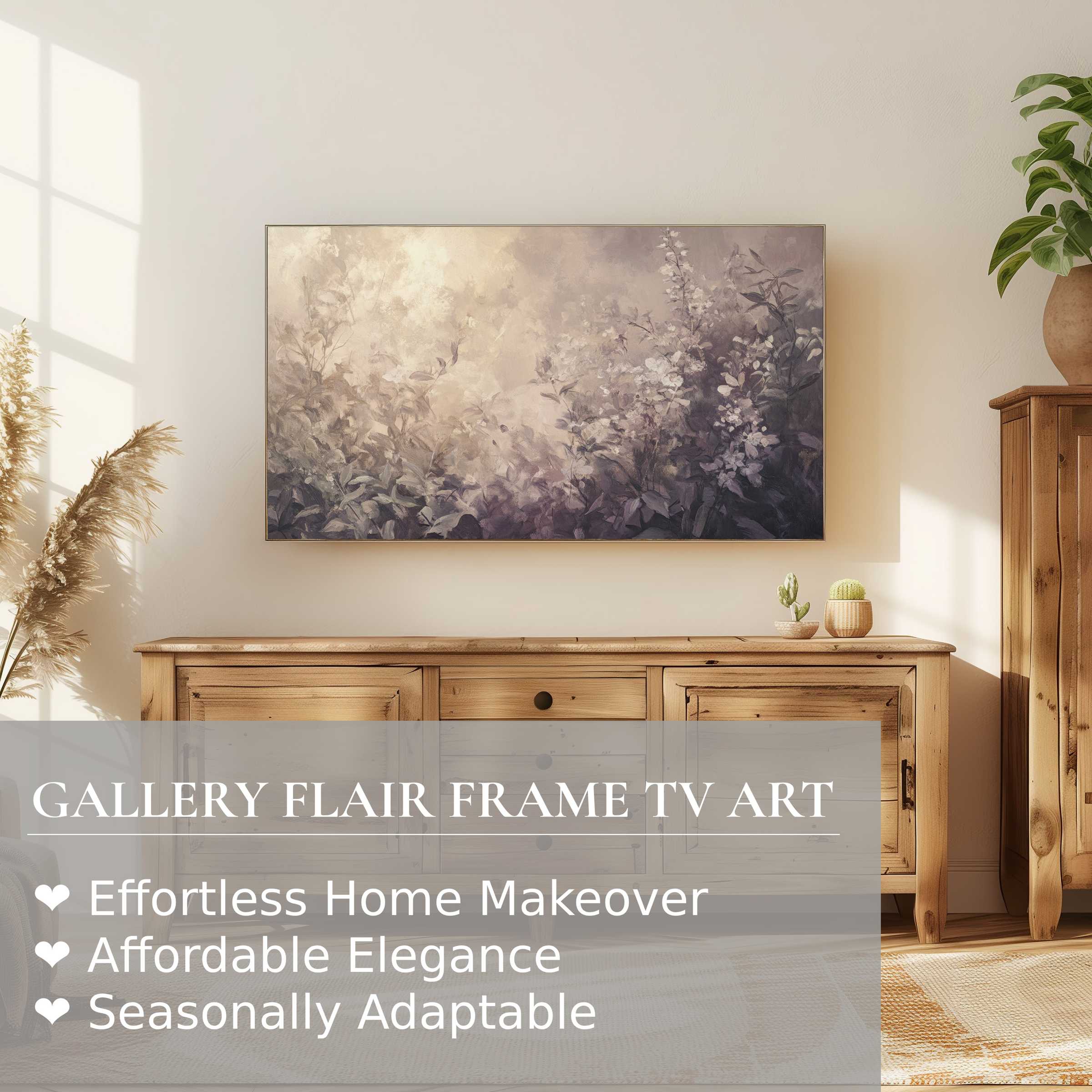 Samsung Frame TV displays muted botanical digital artwork in a serene, sunlit modern living room setting