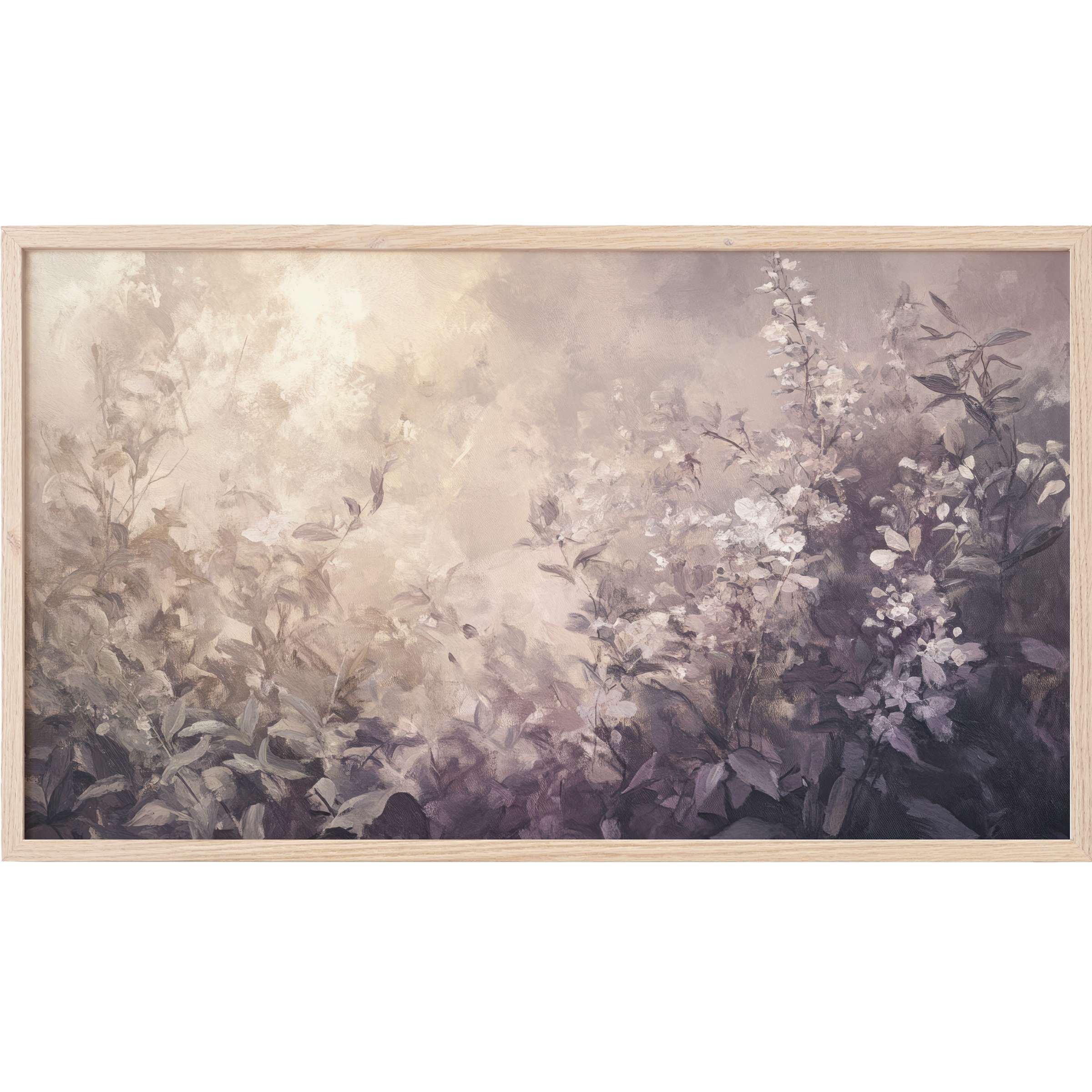 Softly blurred lavender and beige floral scene in muted tones, an elegant botanical Frame TV Art for modern interiors