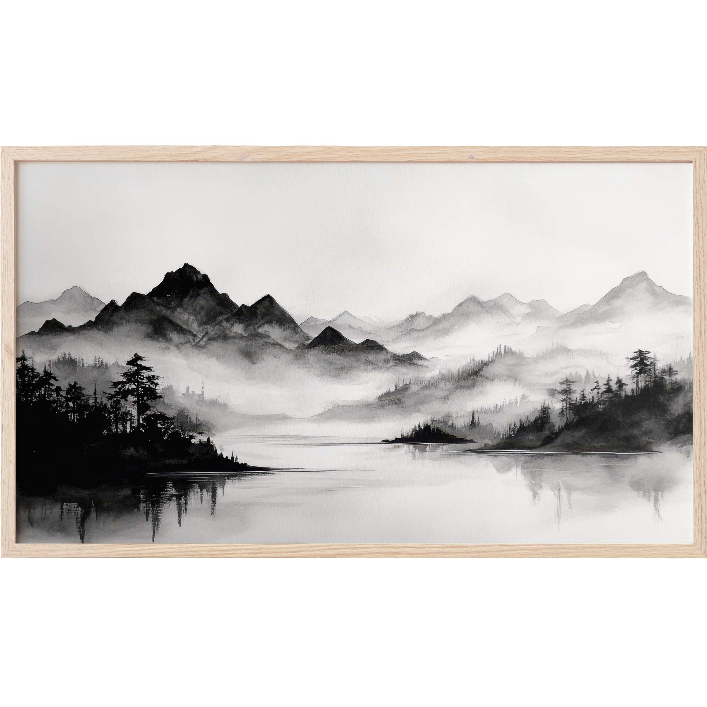 Serene mountain landscape in misty grayscale with soft reflections, perfect black and white Frame TV Art for modern interiors