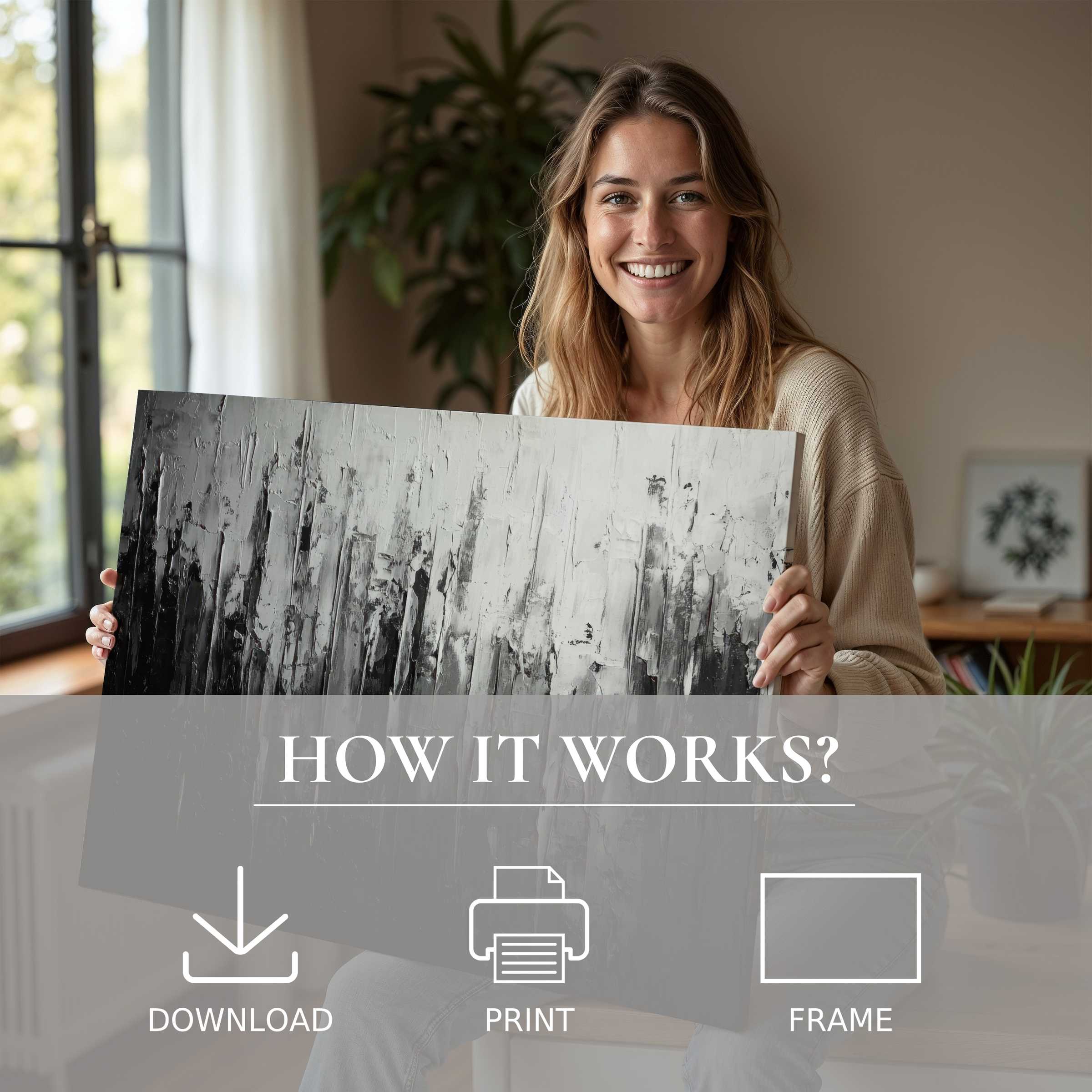 A woman in a serene modern home shares joy through a monochrome abstract digital art print, embodying effortless elegance
