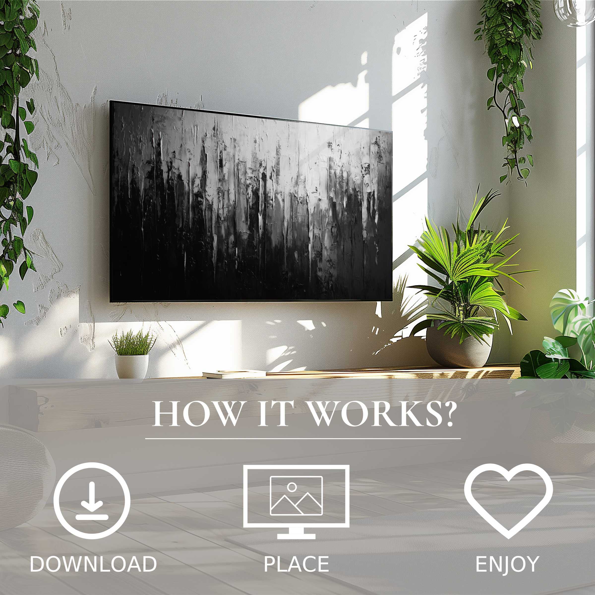 Abstract art for Samsung TV in bright living room, digital download with bold black and gray vertical texture flow
