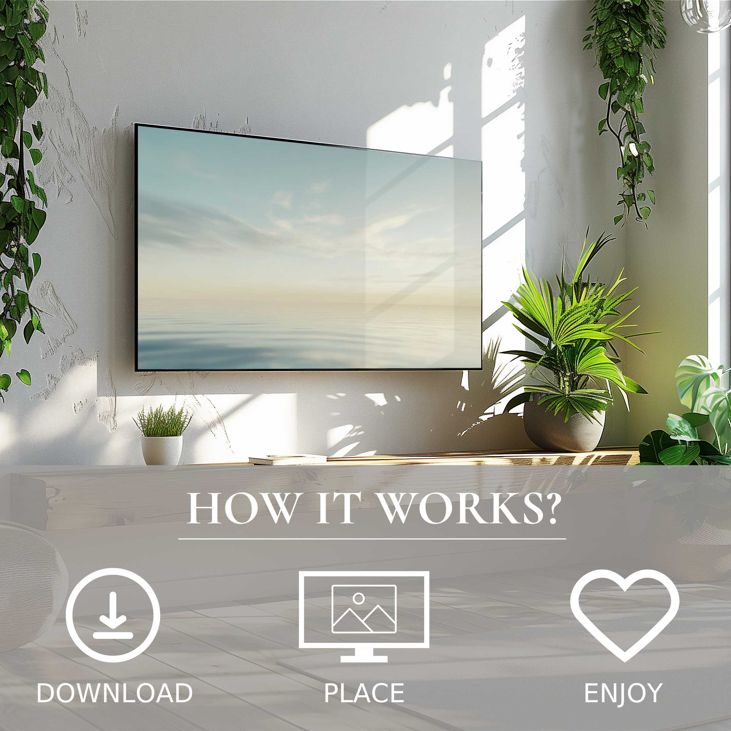Neutral art for Samsung TV shows soft sunset tones; easy digital download enriches minimalist living spaces
