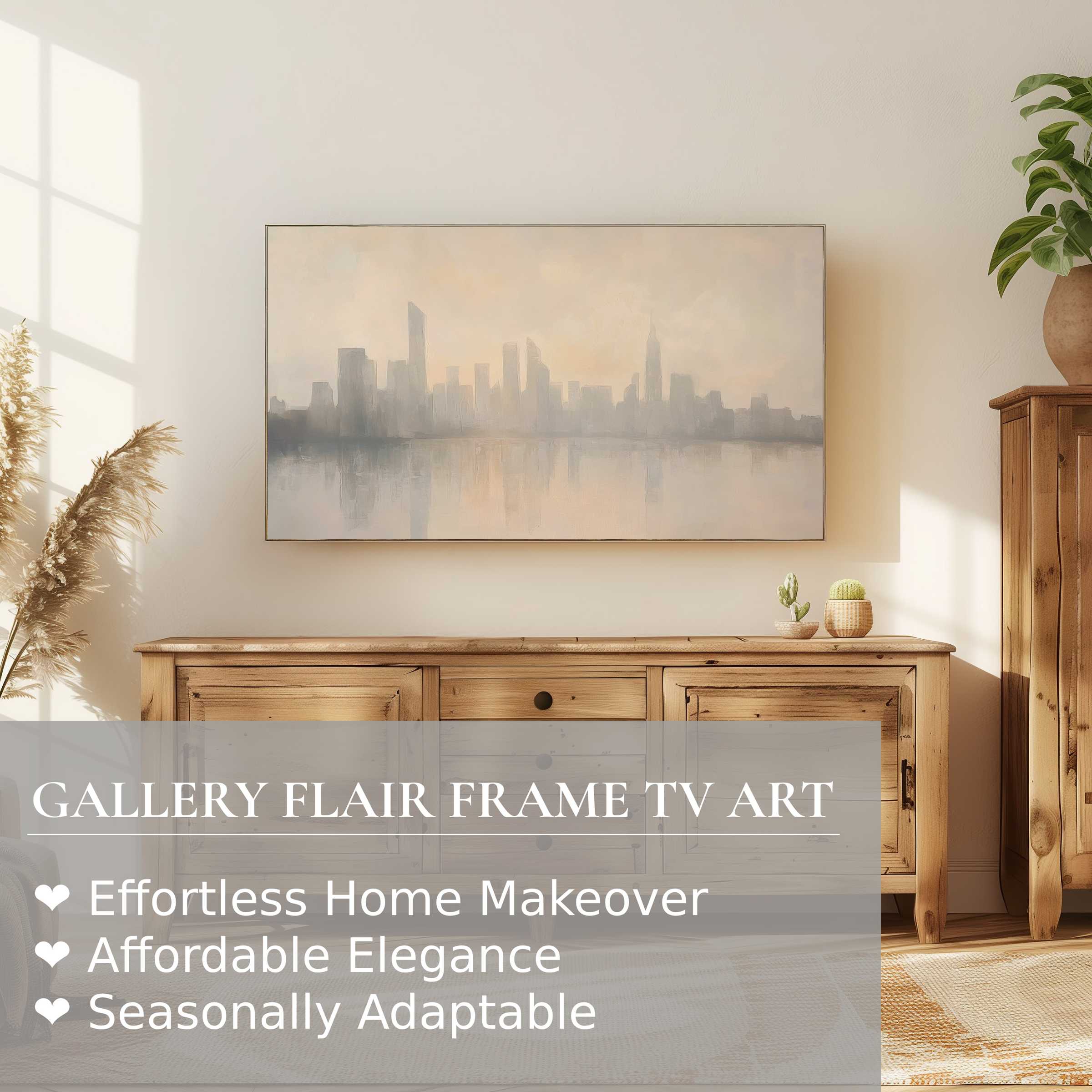 Samsung Frame TV showcasing serene urban digital artwork above rustic wooden furniture in a softly lit modern living space