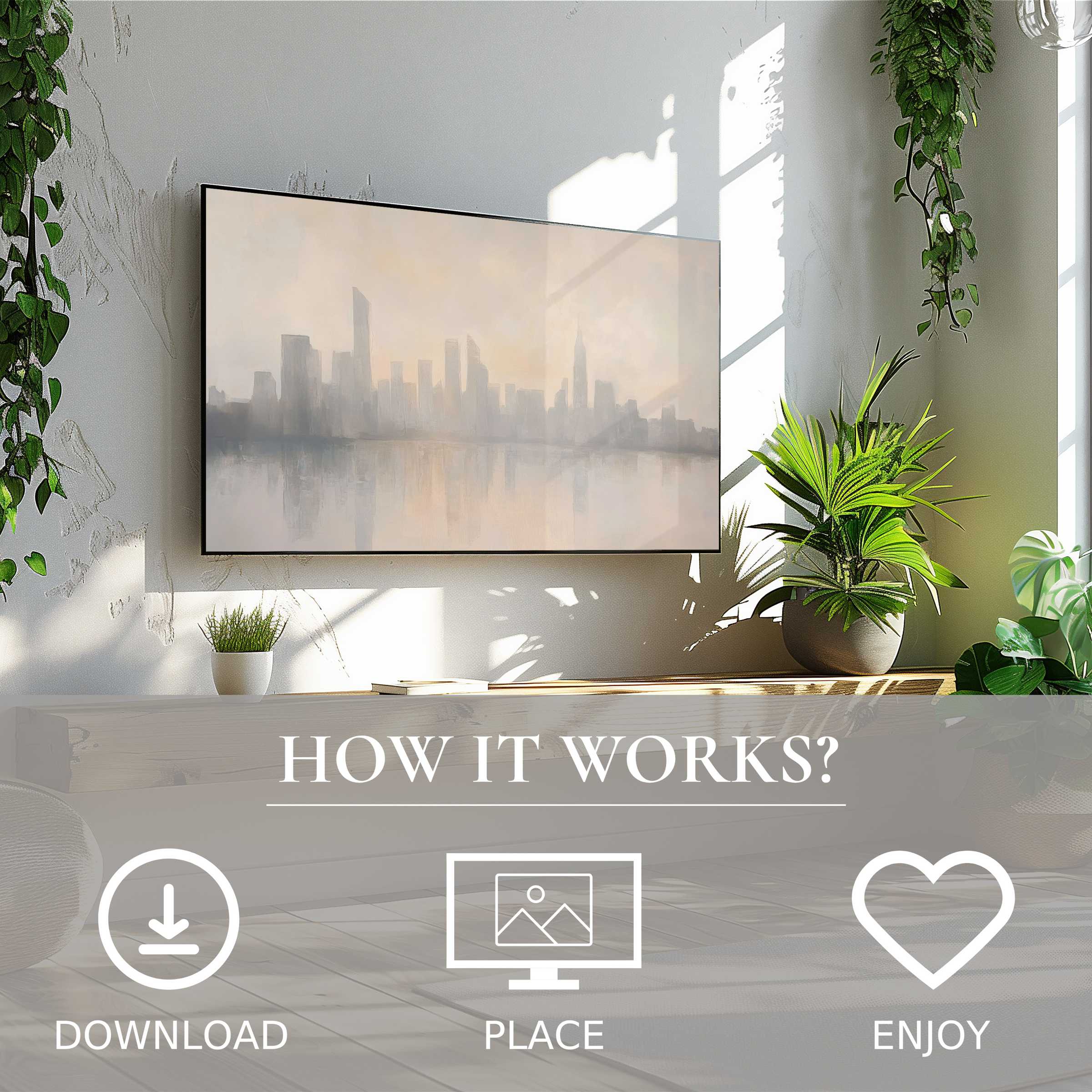 Sleek living room with easy digital download urban art for Samsung TV; soft sunset tones enrich modern spaces