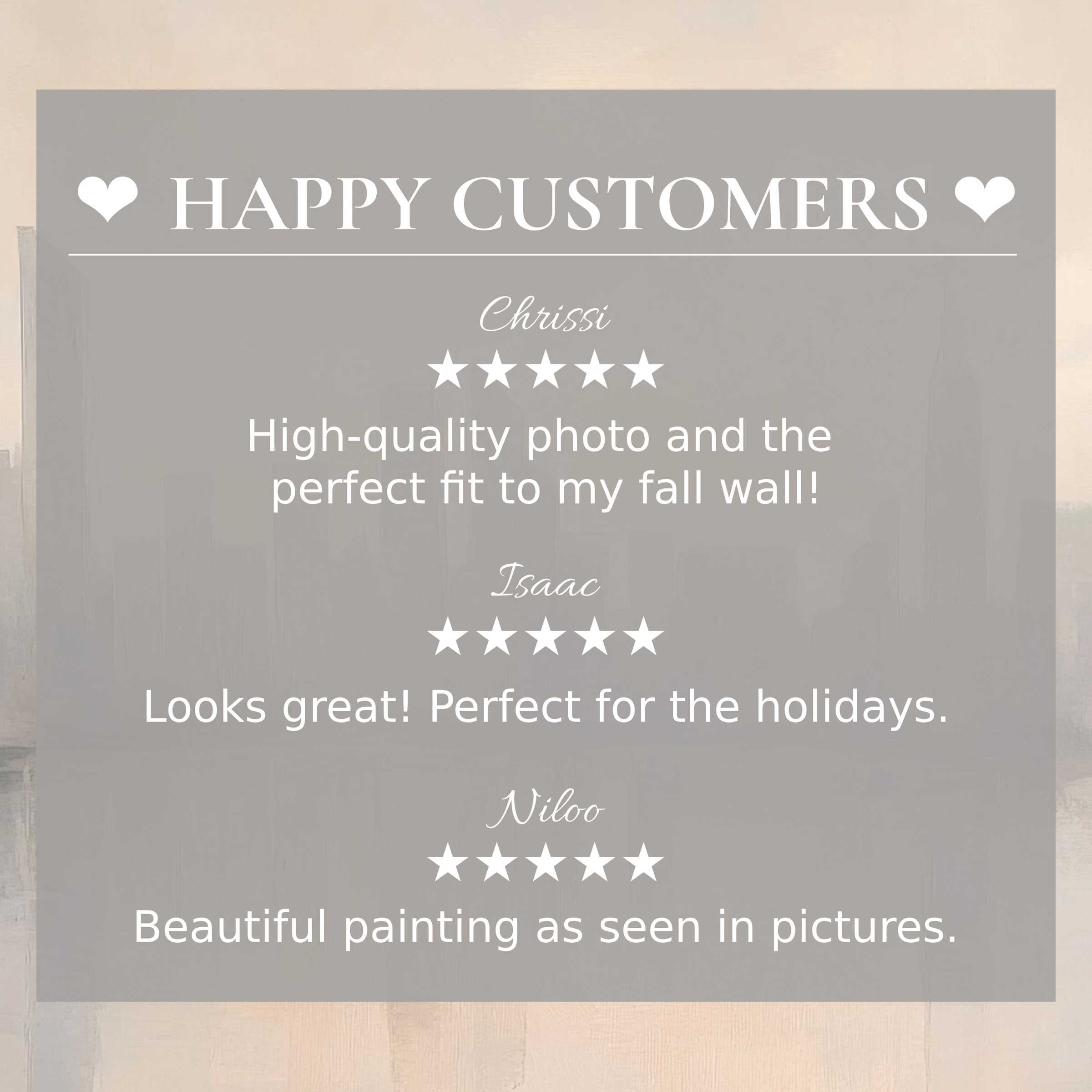 Urban art for Frame TV with abstract sunset hues, showcasing happy customer reviews and elegant, trust-building design