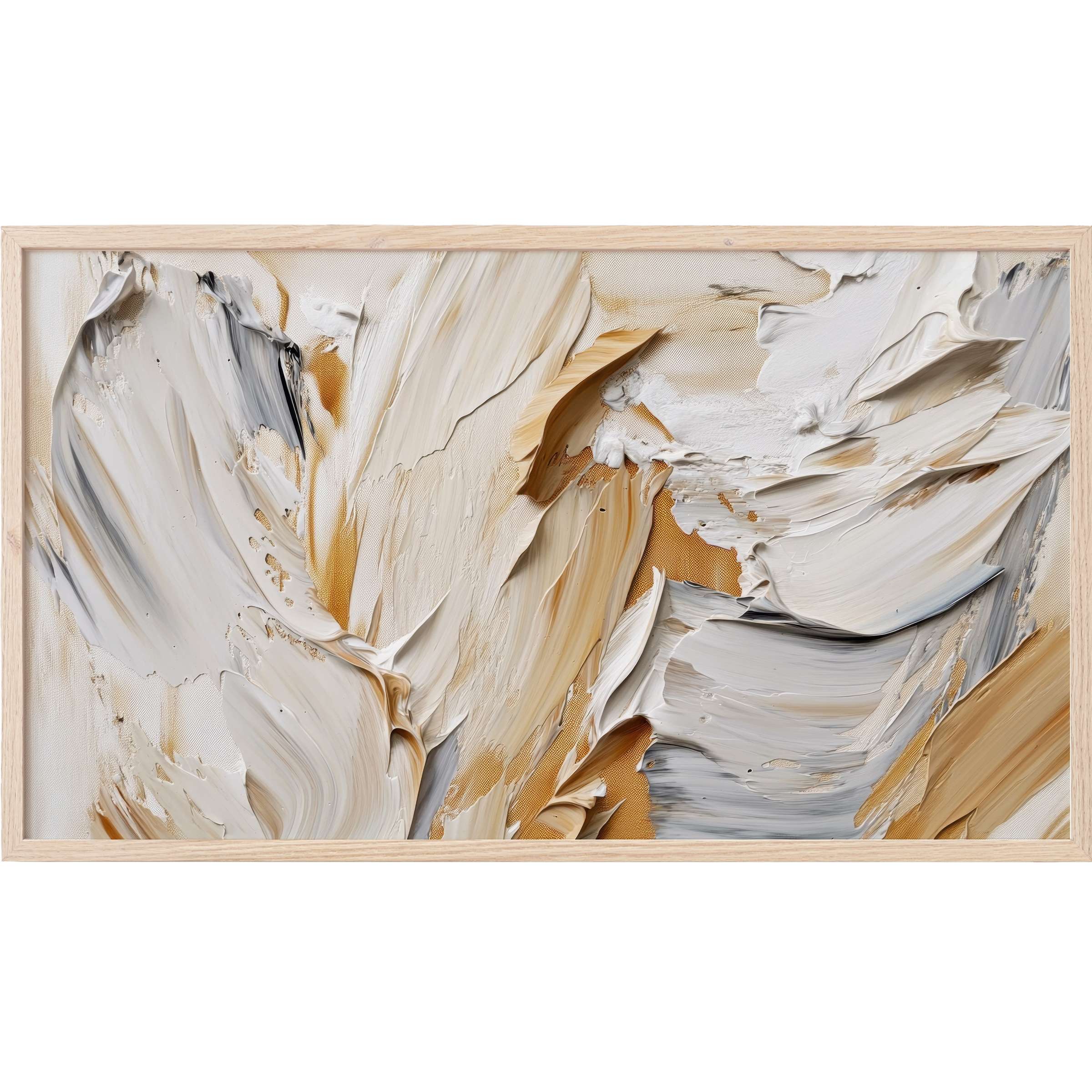 Textured abstract in creamy beige, white and gray tones, framed for elegant modern Frame TV Art display