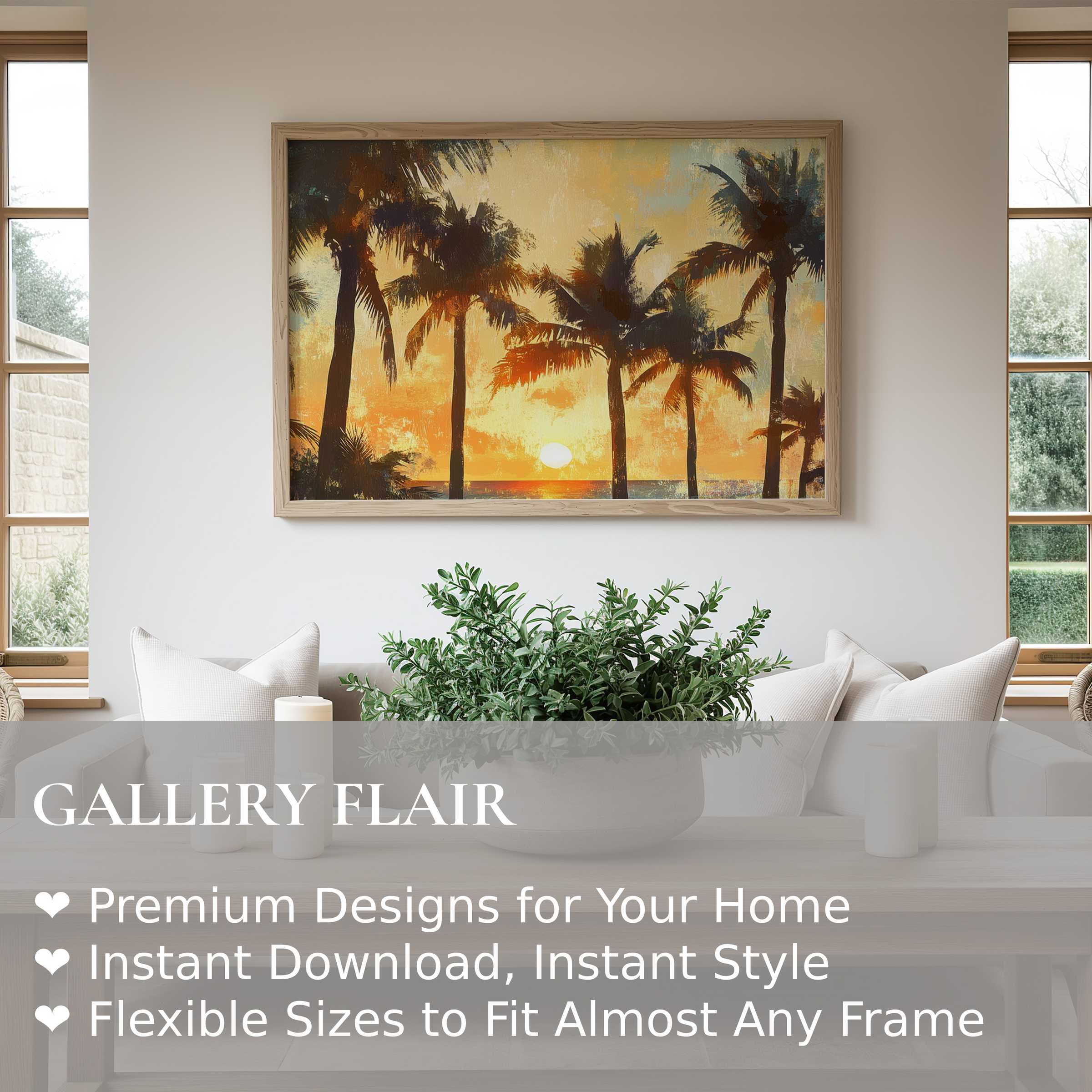 Radiant tree wall art print featuring silhouetted palm trees at sunset, elevating minimalist, modern interiors with warm, calming vibes