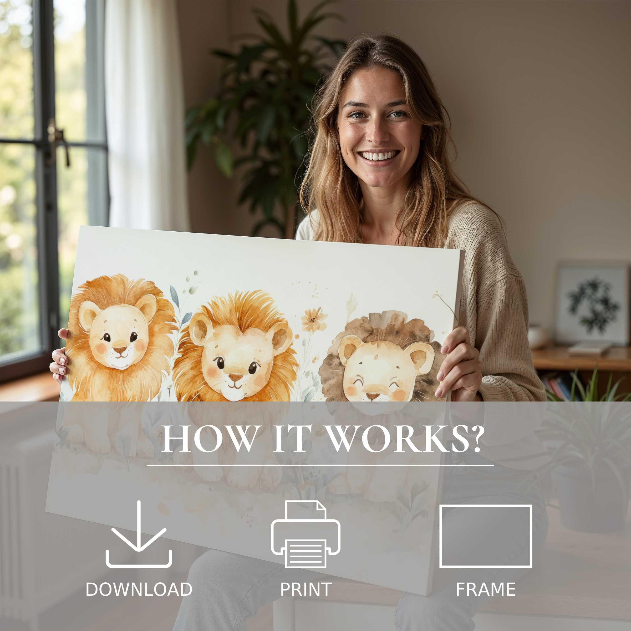 A radiant moment of joy as a woman reveals a nursery digital art print, infusing a serene modern home with warmth and wonder