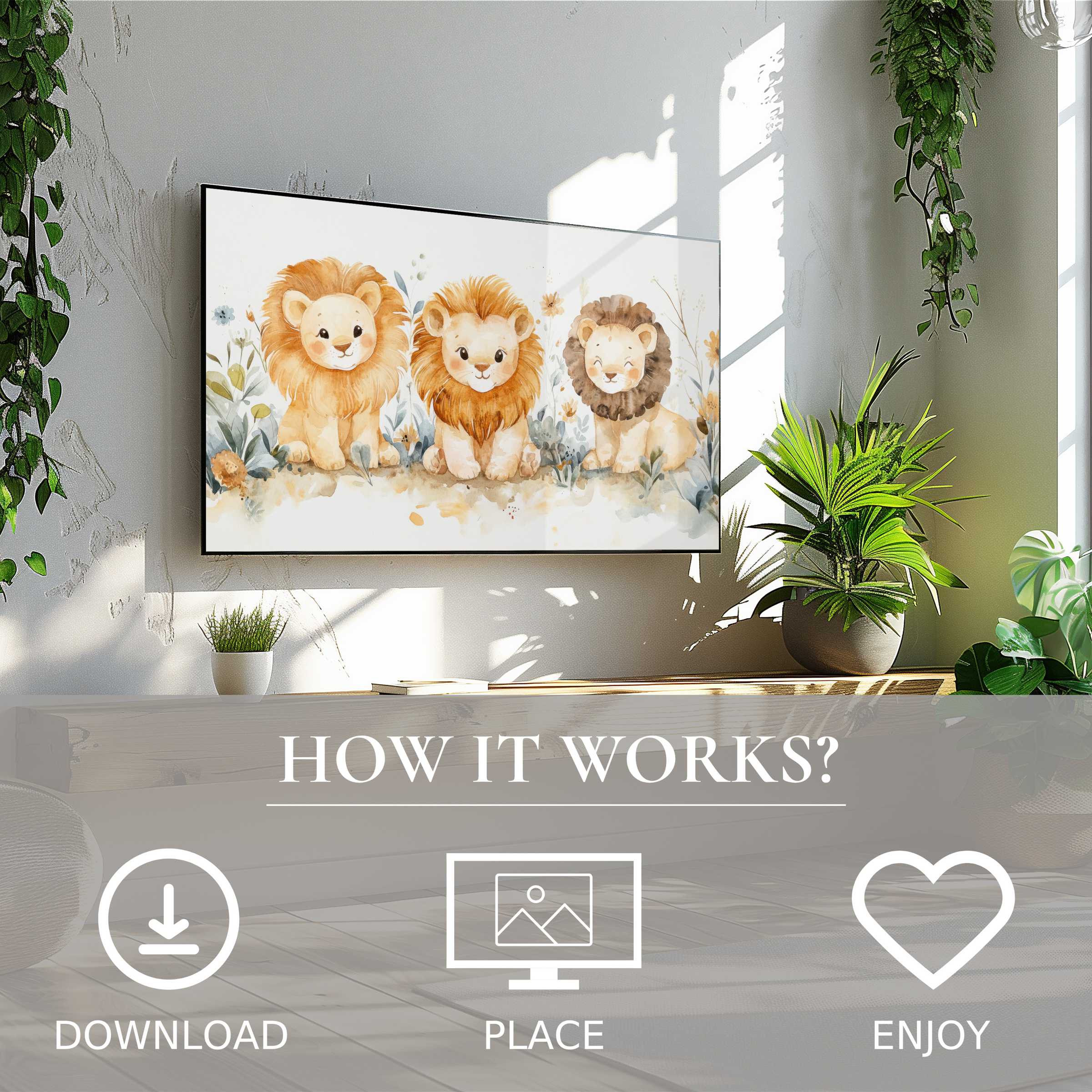 Nursery art for Samsung TV with cute lion cubs in soft earth tones, easy digital download enriches modern living spaces