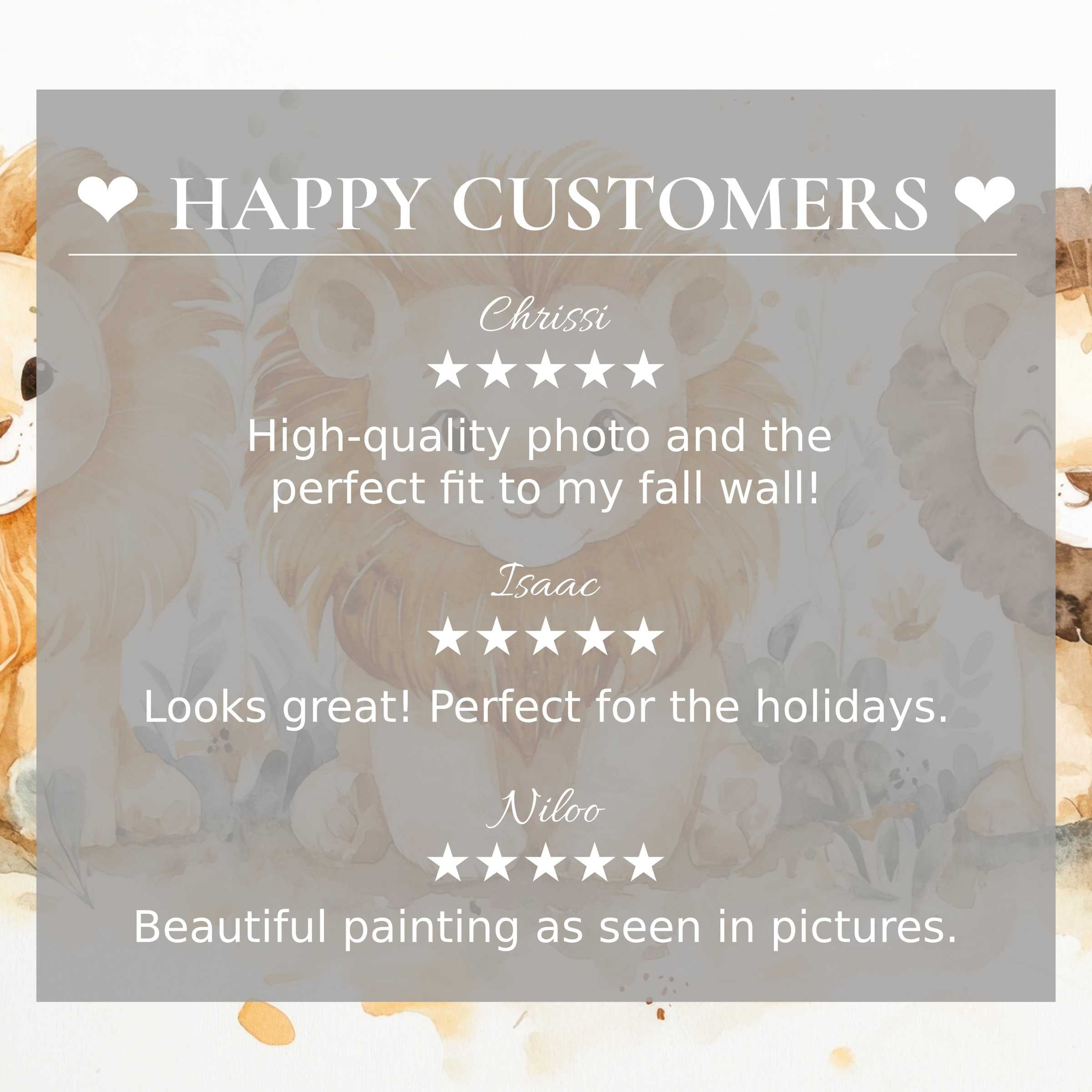 Elegant nursery art for Frame TV with soft lion watercolor backdrop and happy customer reviews showcasing trust and style