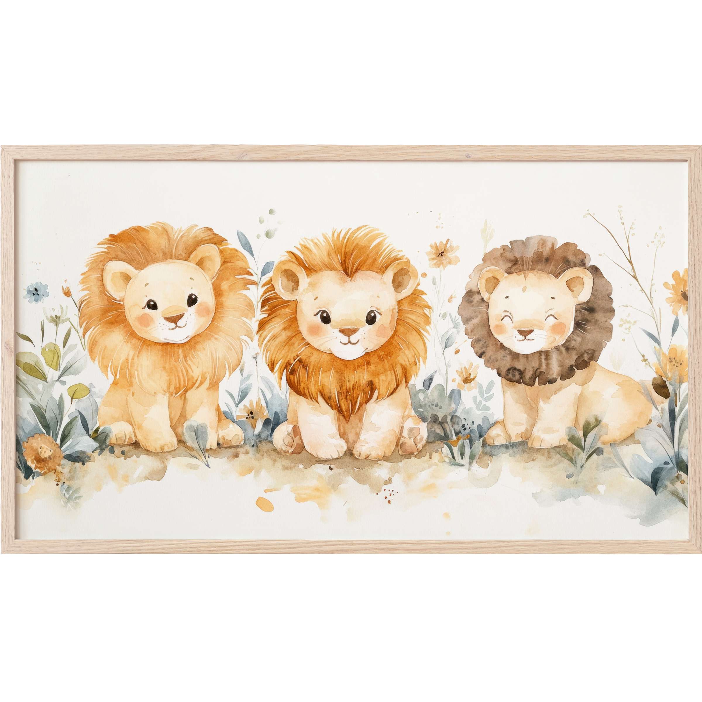 Charming watercolor lions in warm ochre and soft earth tones, surrounded by delicate florals, nursery Frame TV Art
