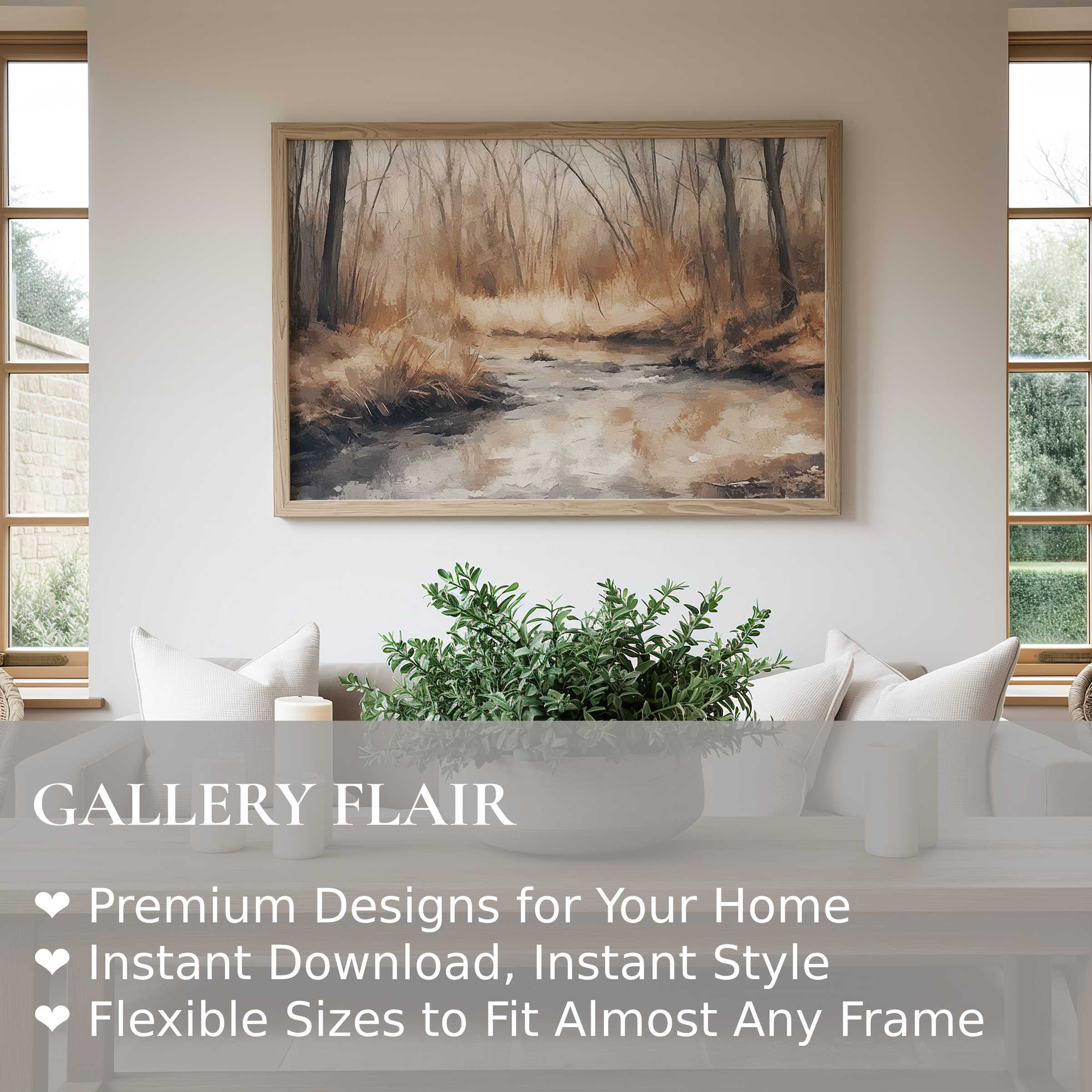 Vintage wall art print of a serene autumnal forest creek, enhancing modern minimalist interiors with calming, earthy tones and timeless rustic charm