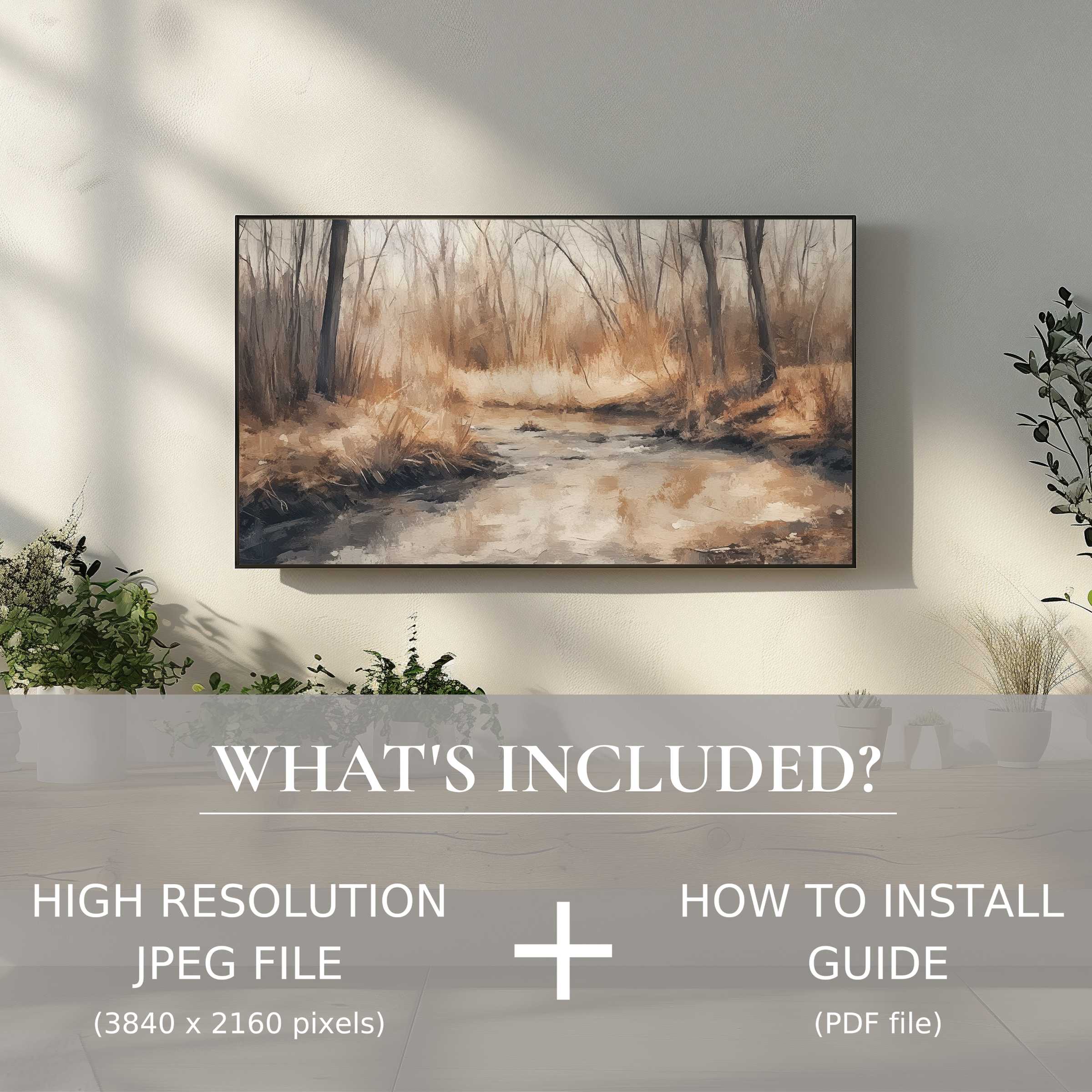 Elegant vintage digital TV art download, effortlessly enhancing living spaces with easy digital use and warm nature tones
