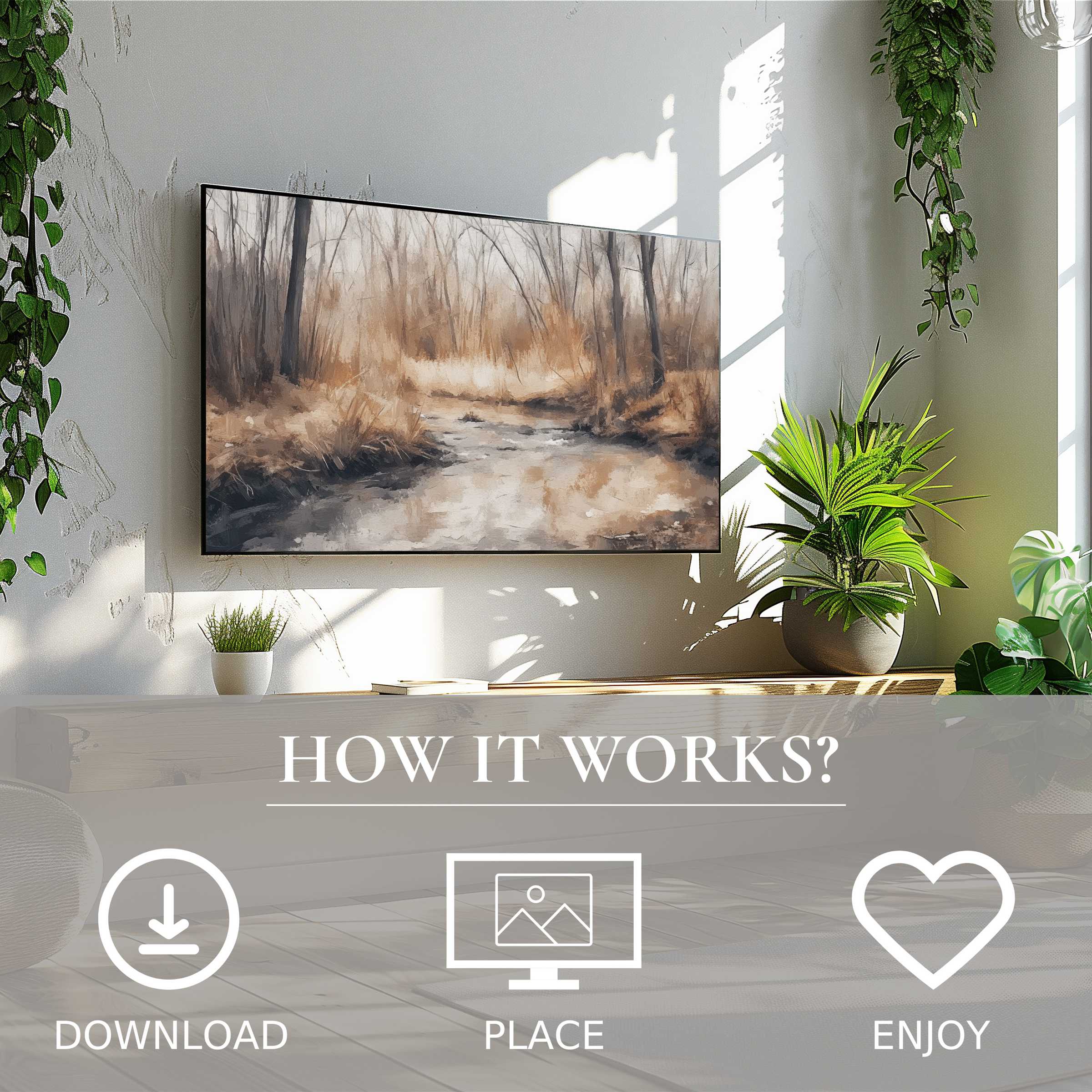 Vintage art for Samsung TV showing soft autumn tones, easy digital download to enrich your modern living space