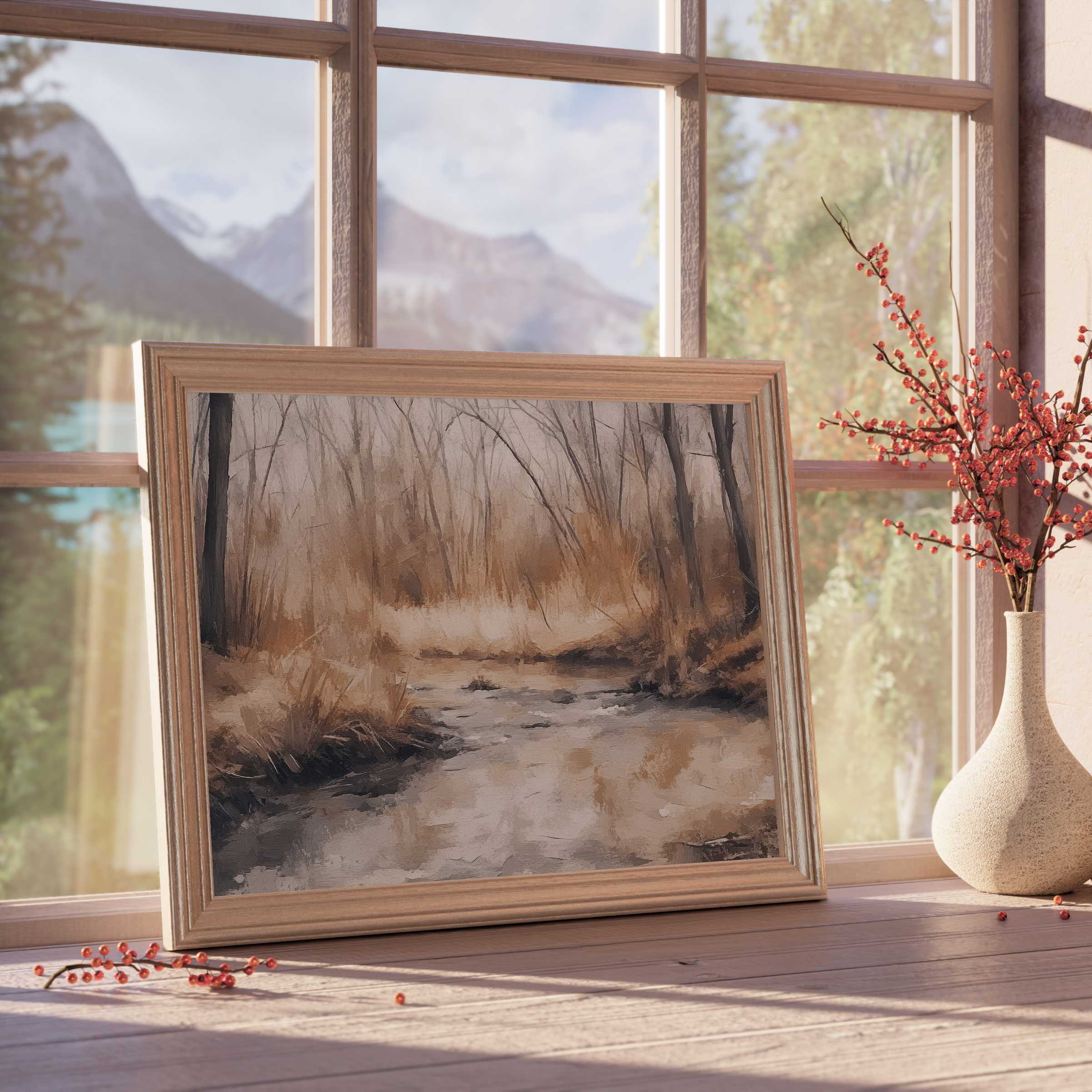 Vintage downloadable art of a serene woodland creek, framed in warm oak, evoking tranquil autumnal hues for refined, nature-inspired interiors
