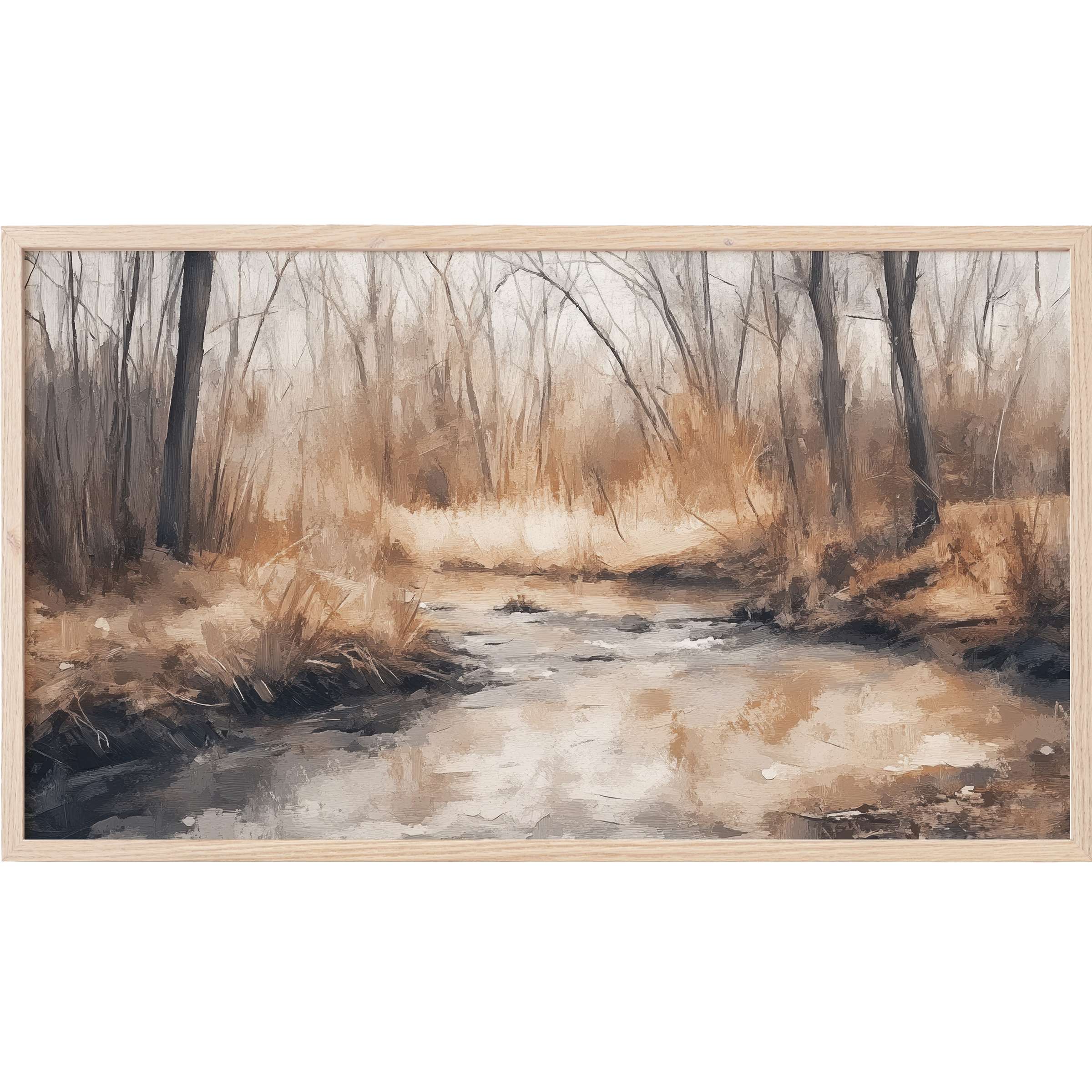 Muted earth tones capture a serene woodland stream in this vintage Frame TV Art with soft, textured brushstrokes