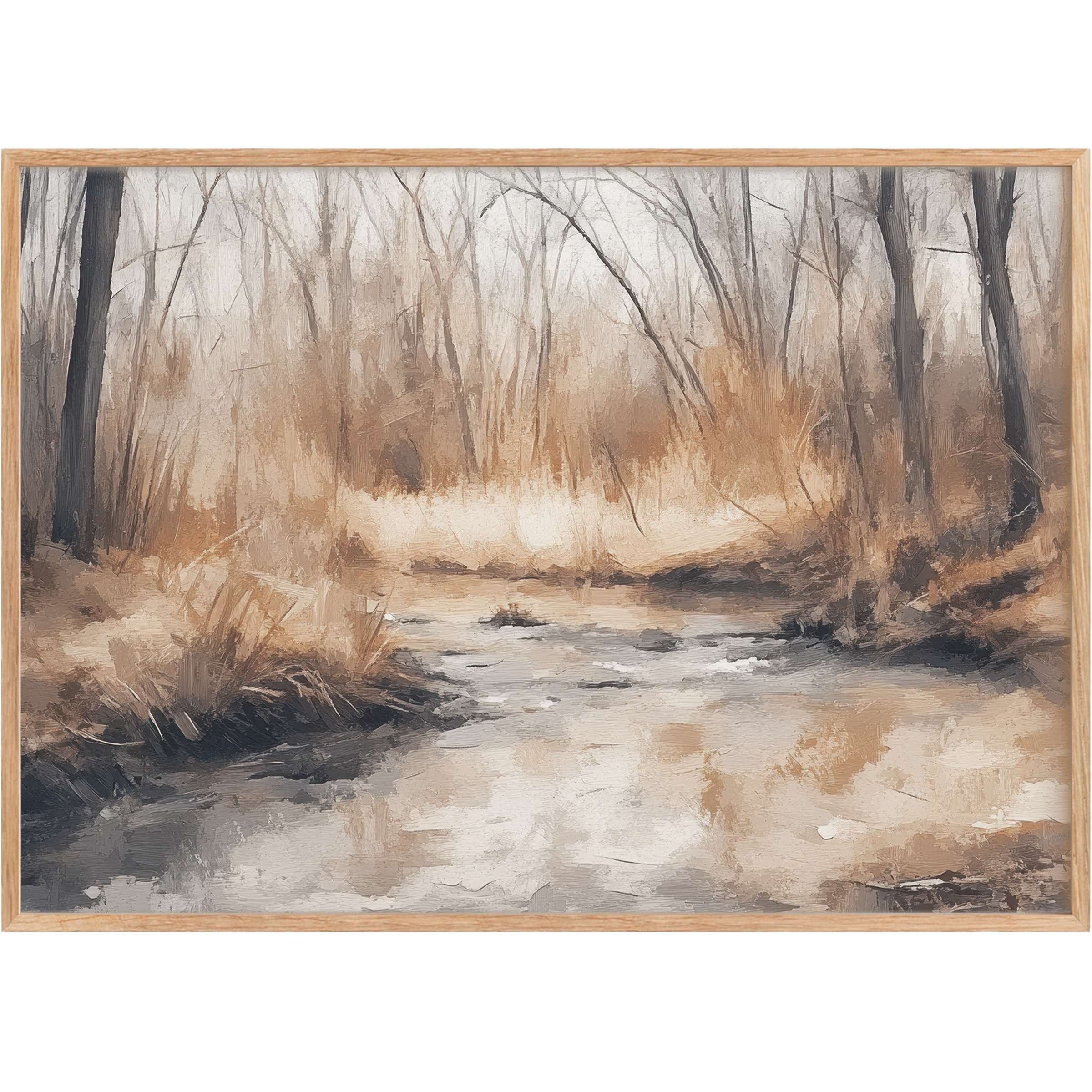Vintage printable wall art capturing a serene woodland stream in soft browns and grays, evoking calm and timeless elegance