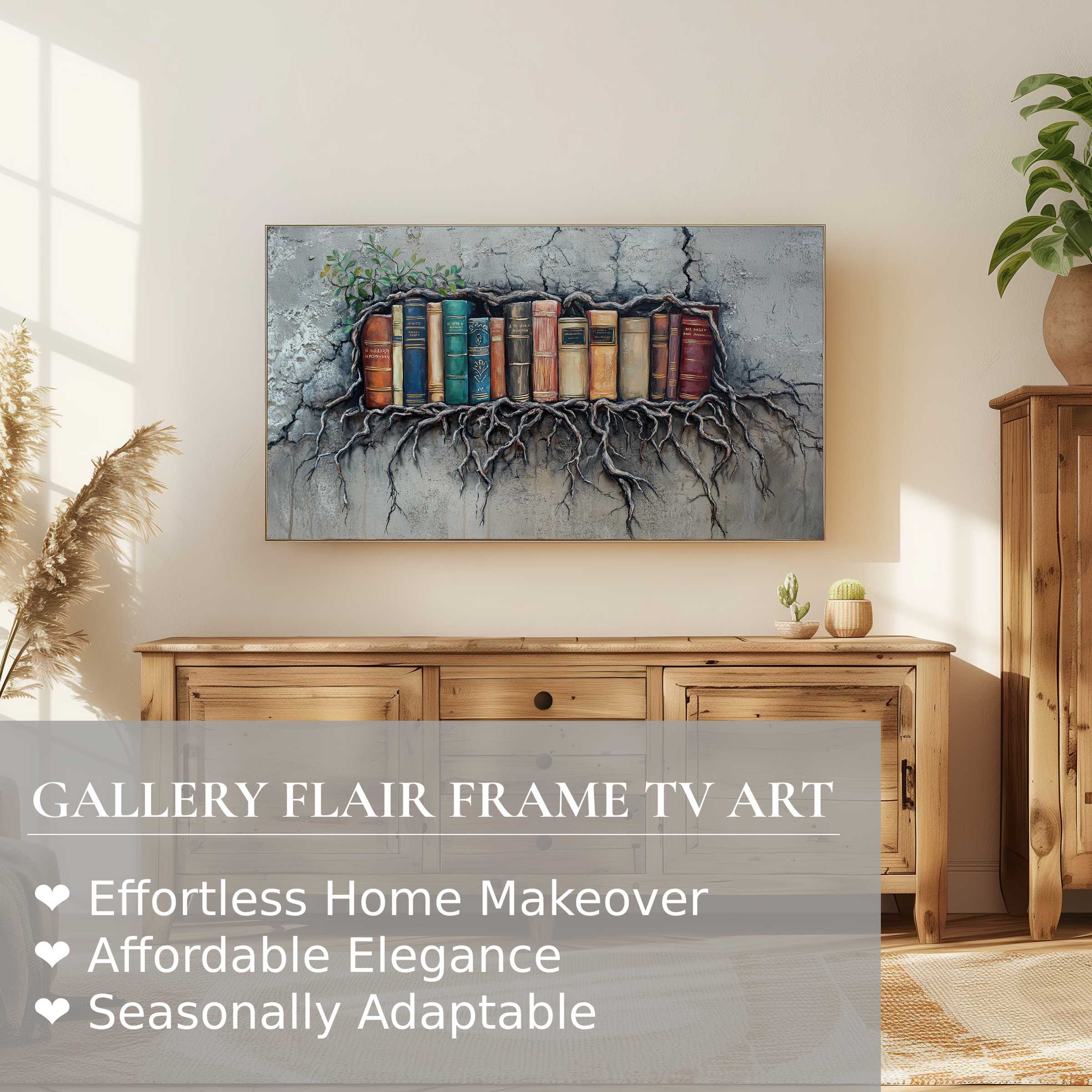 Modern living room with Samsung Frame TV displaying textured street art digital artwork of books and roots