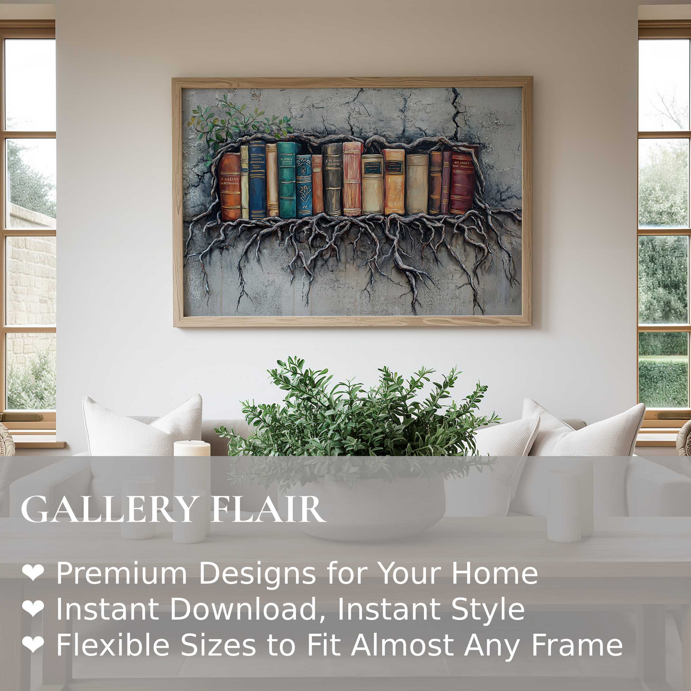Street art wall art print featuring vintage books entwined with roots, adding bold, intellectual charm to minimalist modern interiors