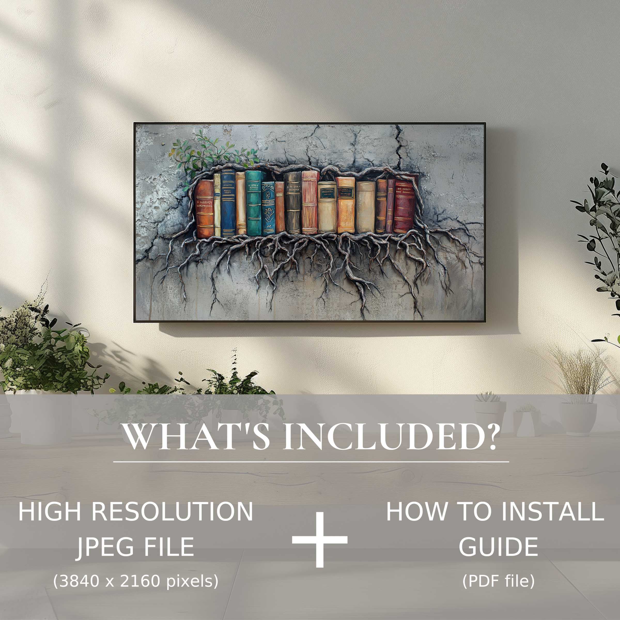 Modern living room with street art digital TV art download showcasing book roots; easy digital use enhances elegant decor