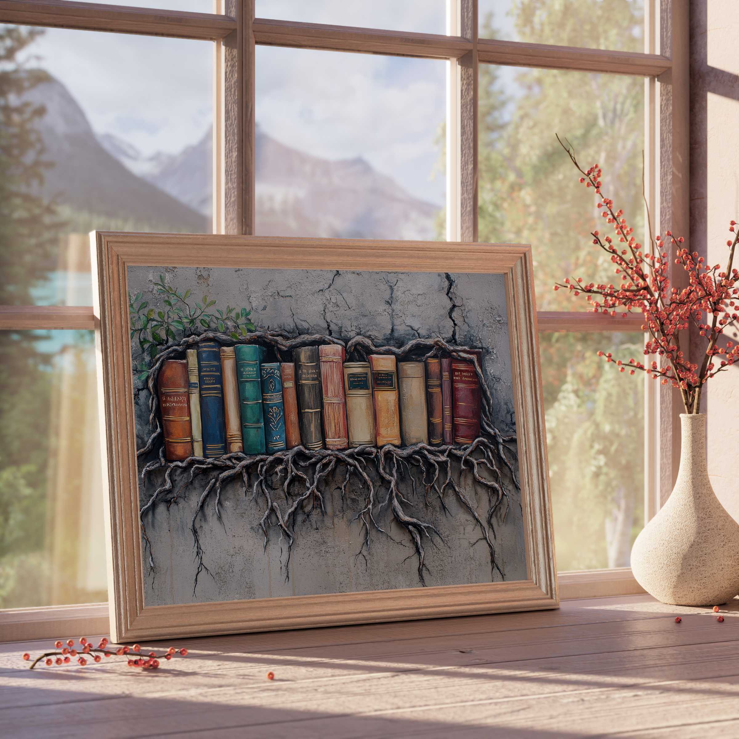 Elegant street art downloadable art portraying vintage books entwined with roots, enriching refined interiors with timeless, serene charm