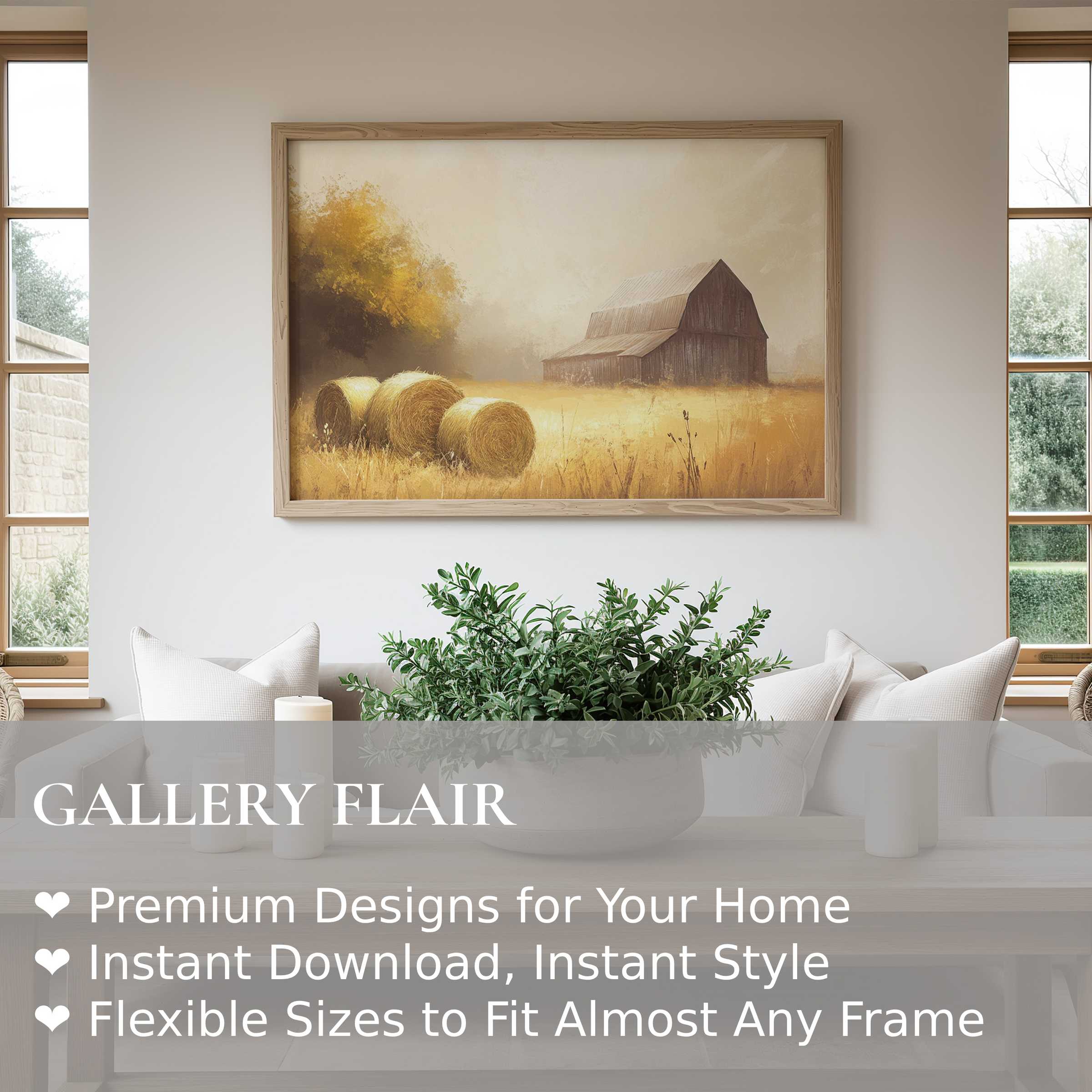 Farmhouse wall art print evokes serene rural charm with golden hay bales and rustic barn, enhancing modern farmhouse interiors