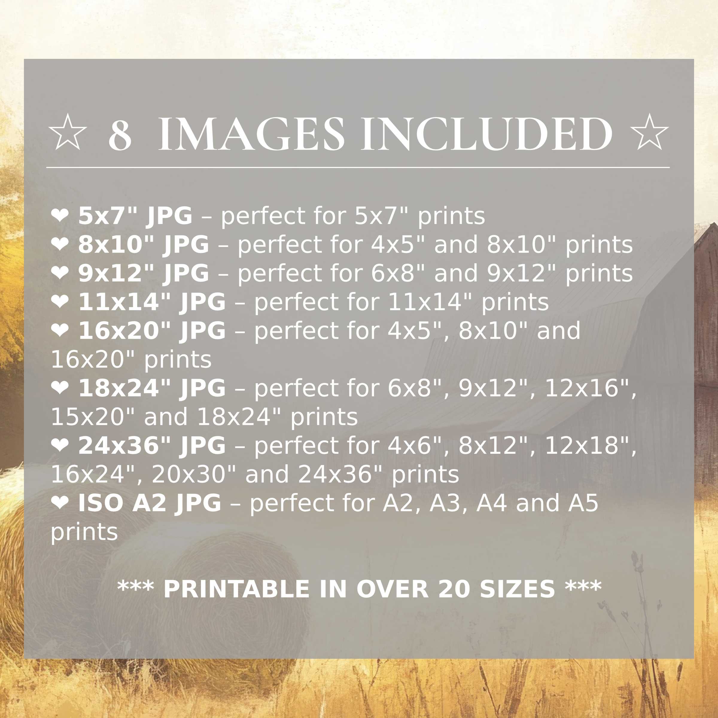 Farmhouse digital print radiates warm golds and muted neutrals, offering calming elegance in 8 high-quality sizes included for seamless modern interior styling
