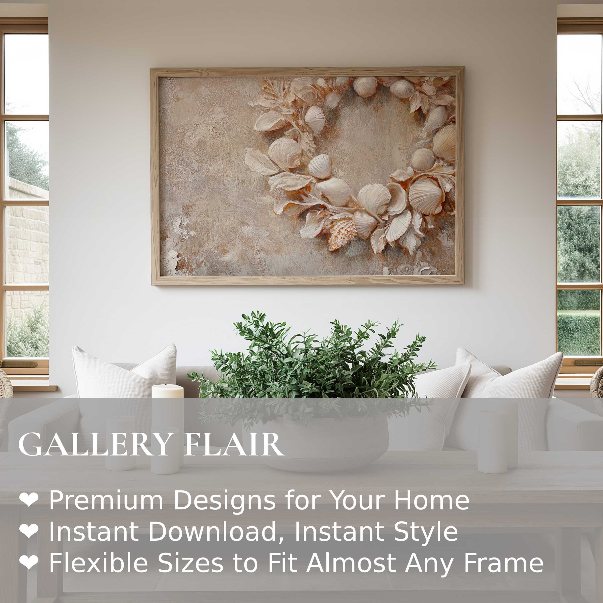Coastal wall art print featuring a textured seashell wreath in soft beige tones, adding serene elegance to modern minimalist interiors