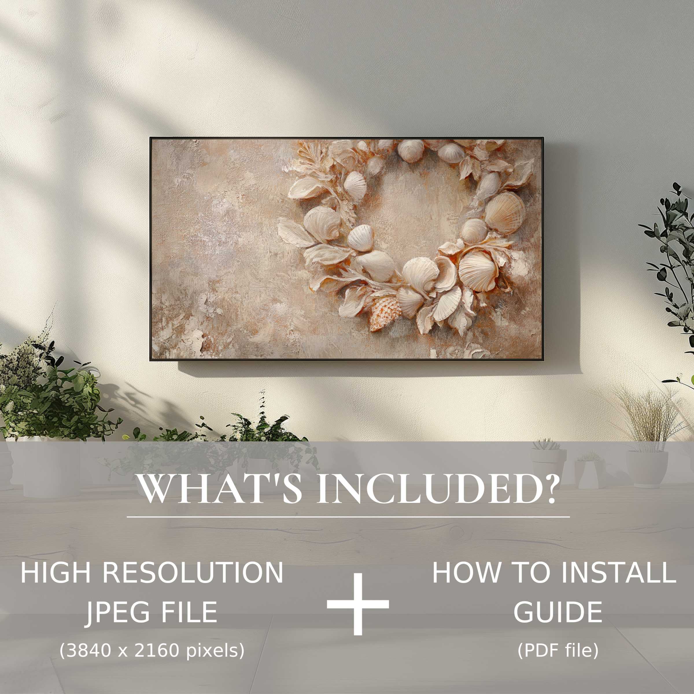 Elegant coastal digital TV art download adorns a chic living space, easy digital use enhances modern decor
