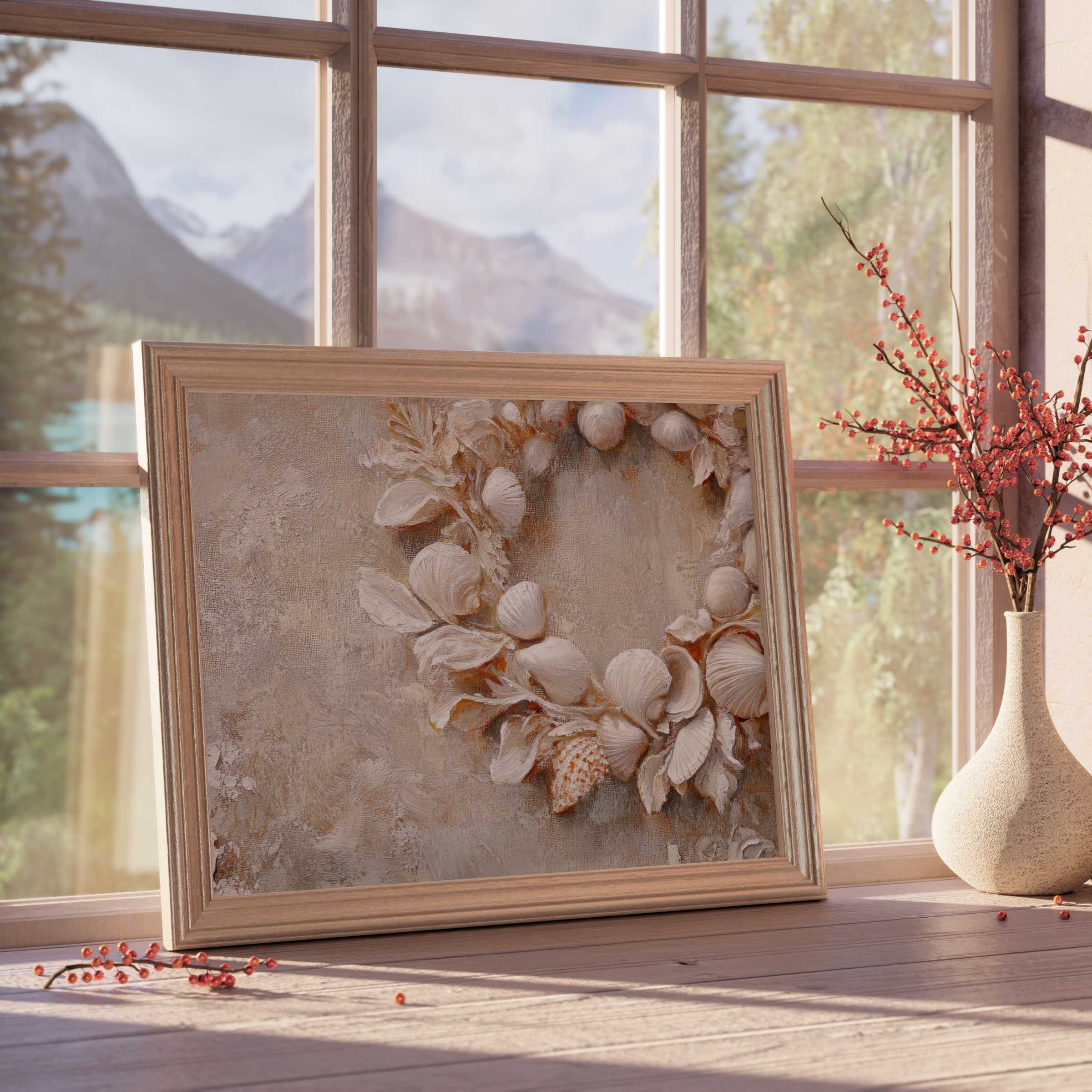 Coastal downloadable art featuring a serene seashell wreath, elevating tranquil, curated interiors with natural elegance