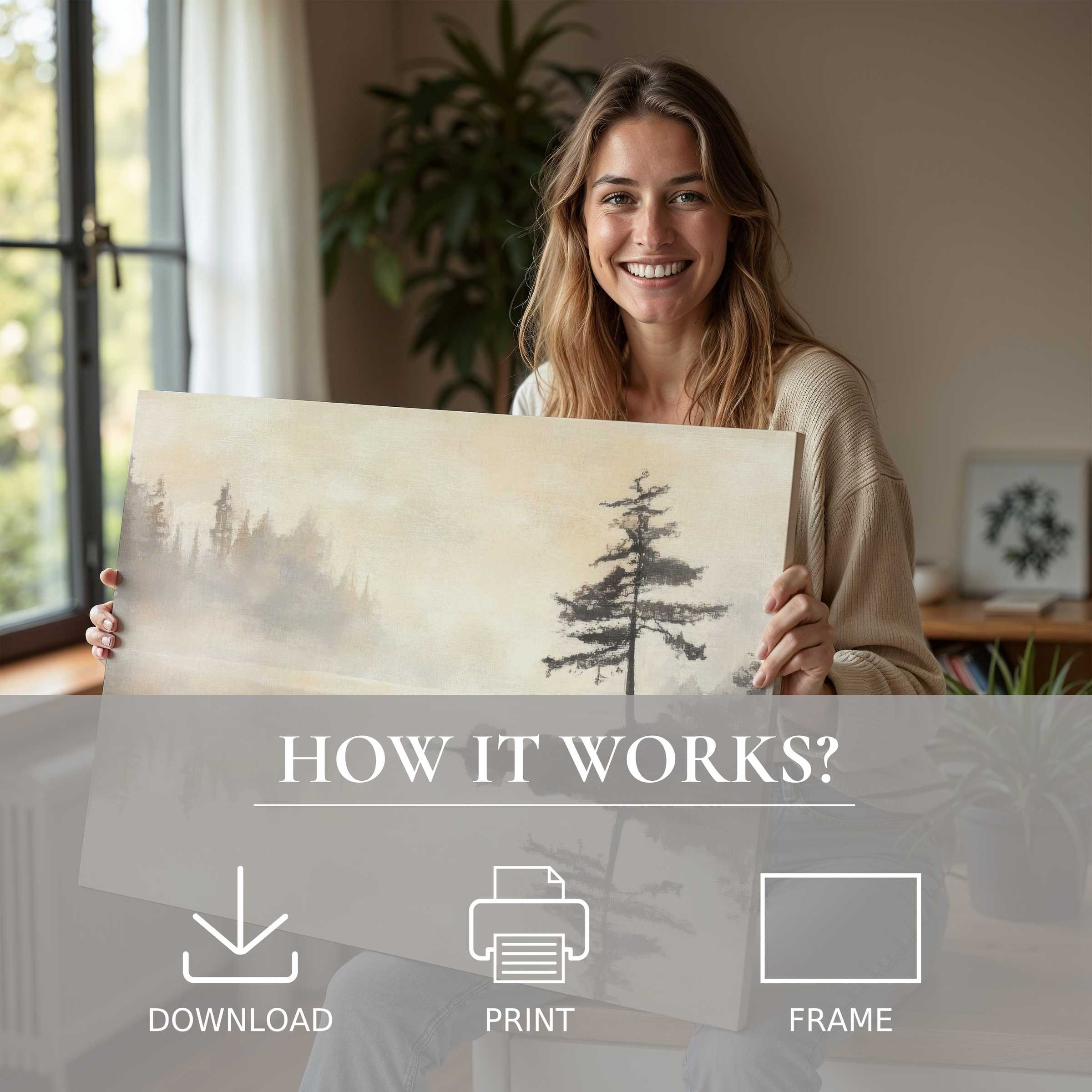 Radiant woman in stylish home embraces serene landscape digital art print, celebrating the effortless joy of living with inspired art